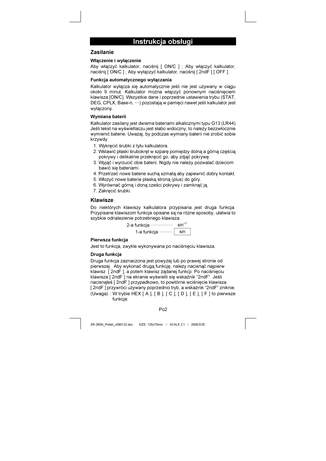 Citizen Systems SR-260N manual Instrukcja obsługi, Zasilanie, Klawisze 