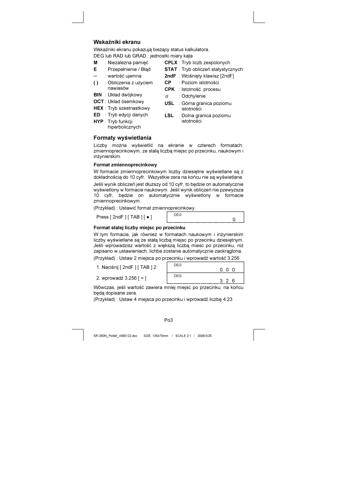 Citizen Systems SR-260N manual Wskaźniki ekranu, Formaty wyświetlania, Format zmiennoprecinkowy 