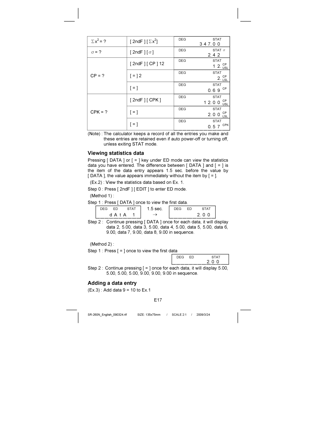 Citizen Systems SR-260N manual Viewing statistics data, Adding a data entry 