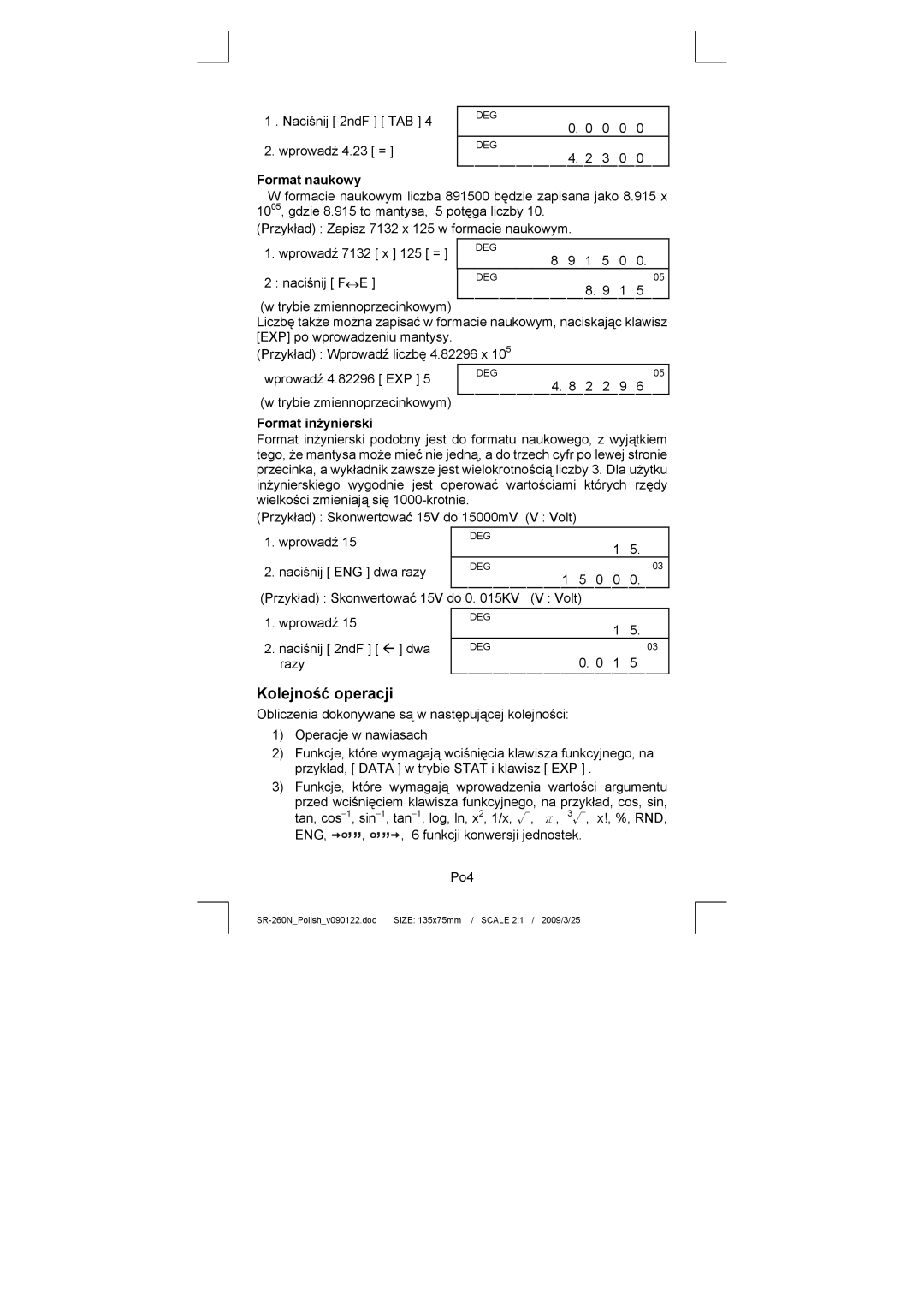 Citizen Systems SR-260N manual Kolejność operacji, Format naukowy, Format inżynierski 