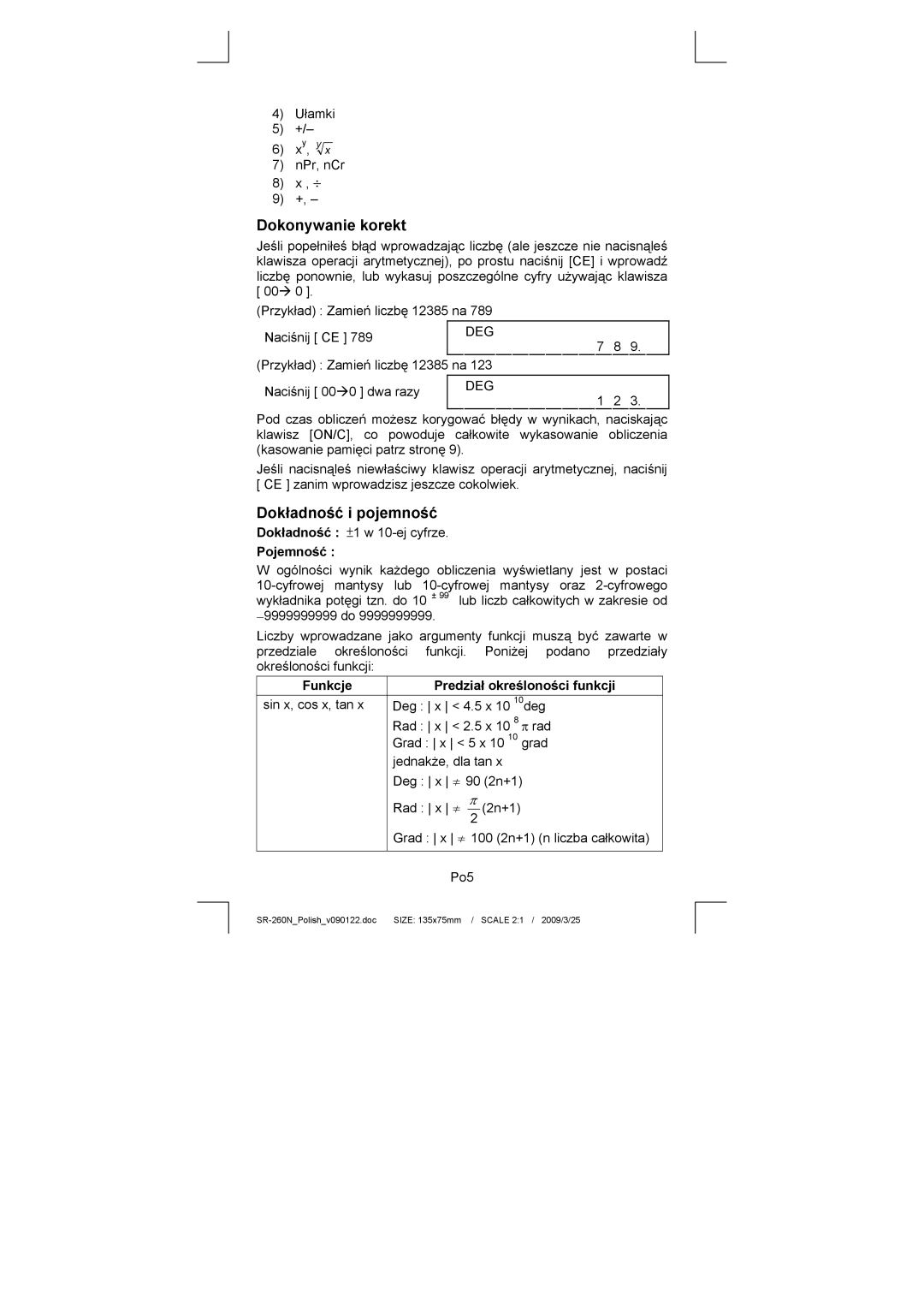 Citizen Systems SR-260N manual Dokonywanie korekt, Dokładność i pojemność, Pojemność, Funkcje Predział określoności funkcji 