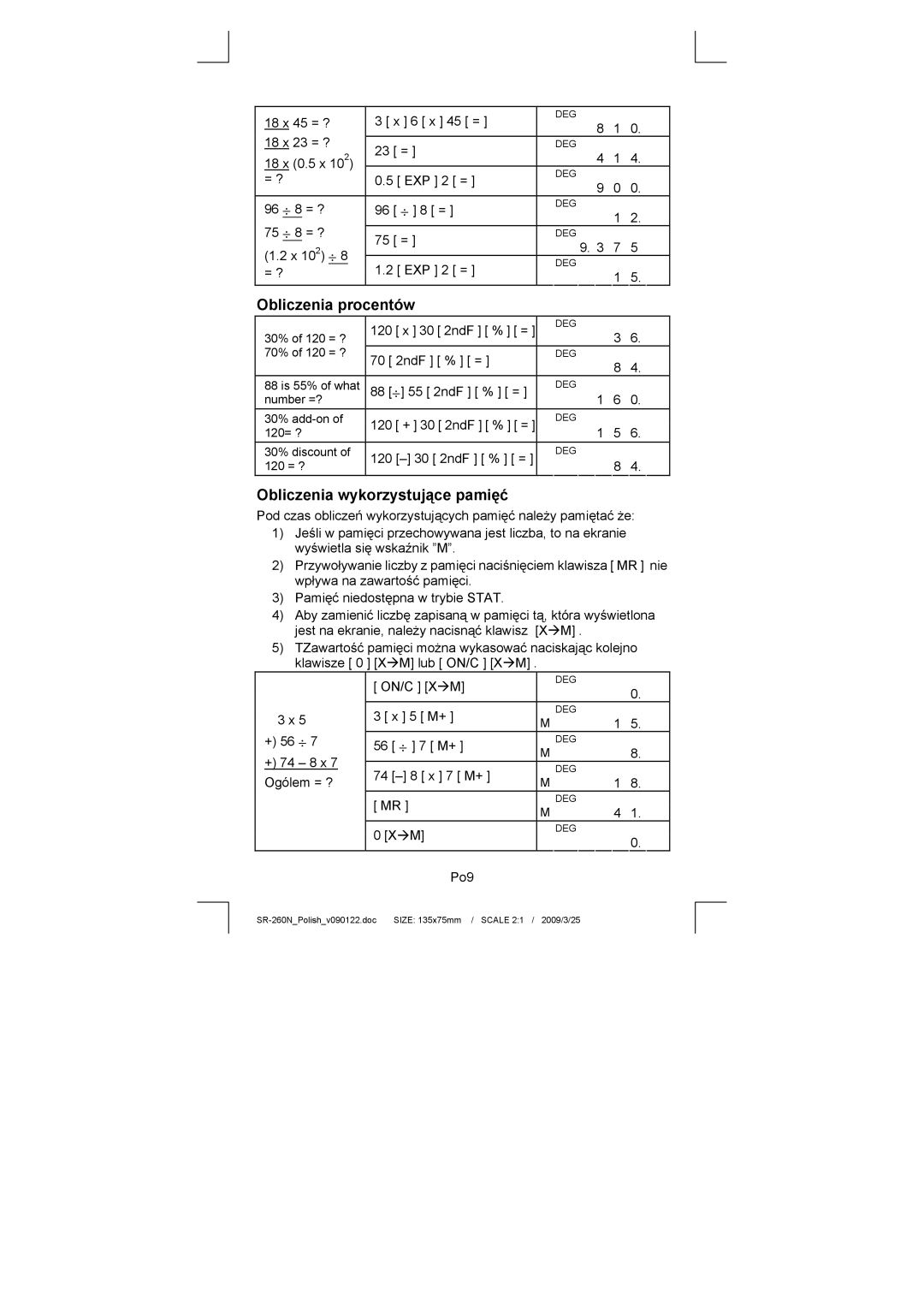 Citizen Systems SR-260N manual Obliczenia procentów, Obliczenia wykorzystujące pamięć 