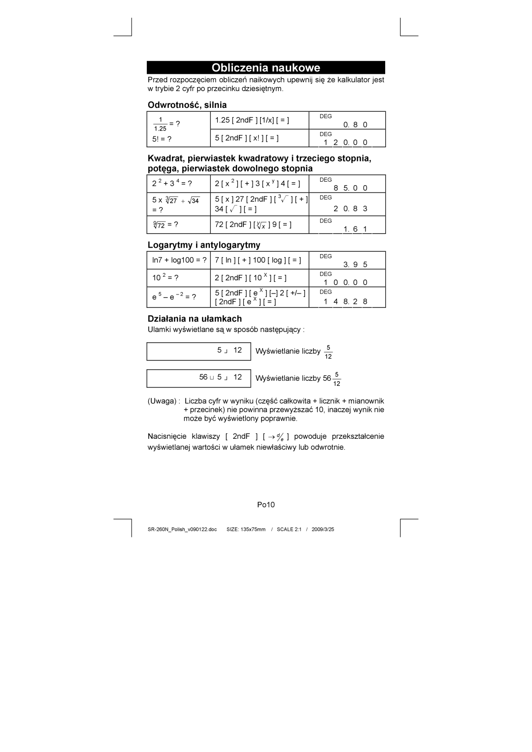 Citizen Systems SR-260N manual Obliczenia naukowe, Odwrotność, silnia, Logarytmy i antylogarytmy, Działania na ułamkach 