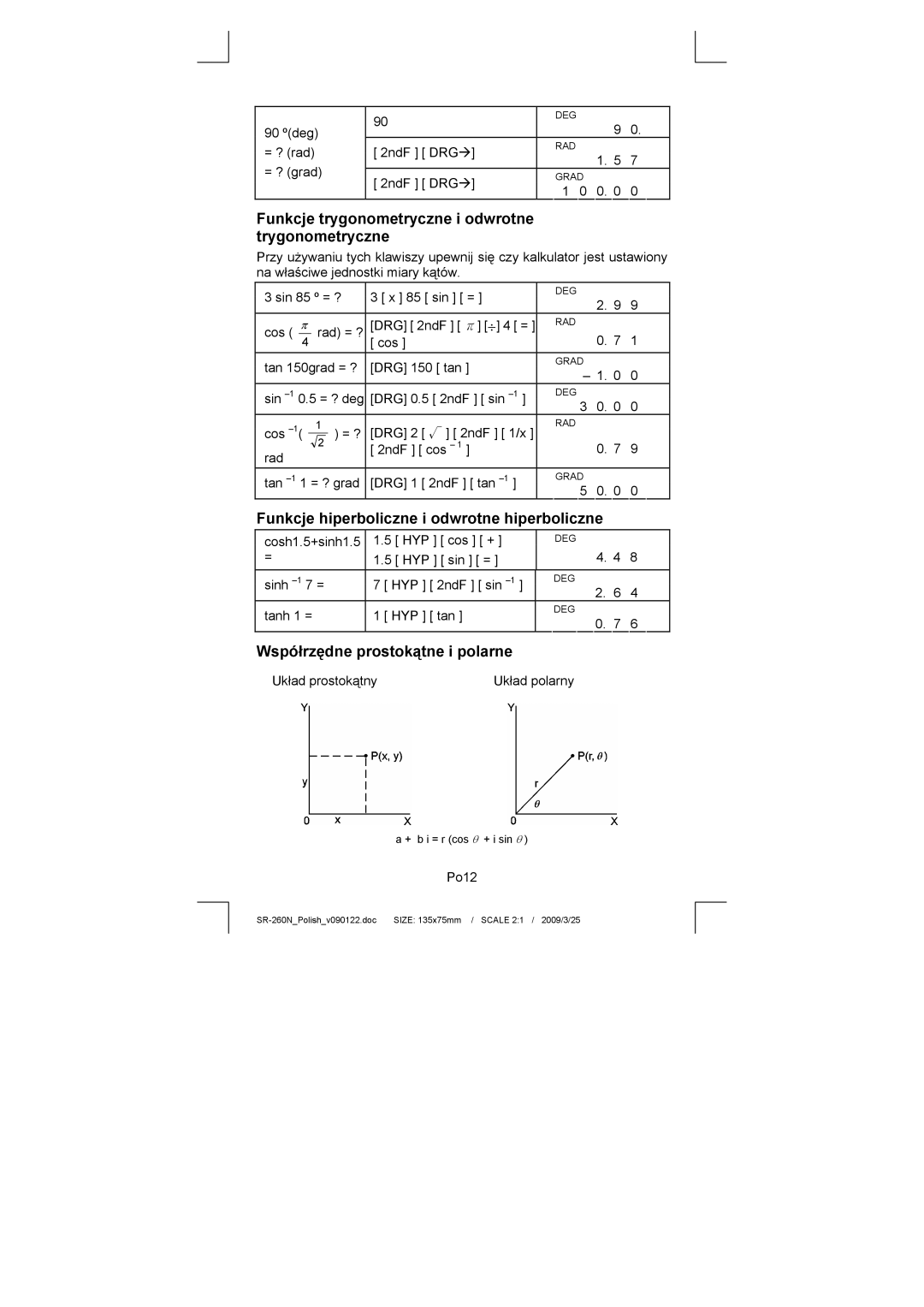 Citizen Systems SR-260N manual Funkcje trygonometryczne i odwrotne trygonometryczne, Współrzędne prostokątne i polarne 