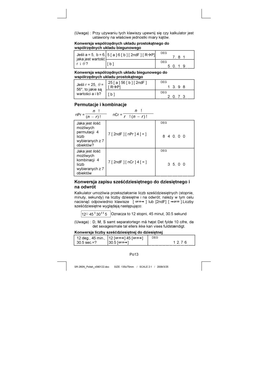 Citizen Systems SR-260N manual Permutacje i kombinacje, Konwersja liczby sześćdziesiętnej do dziesiętnej 