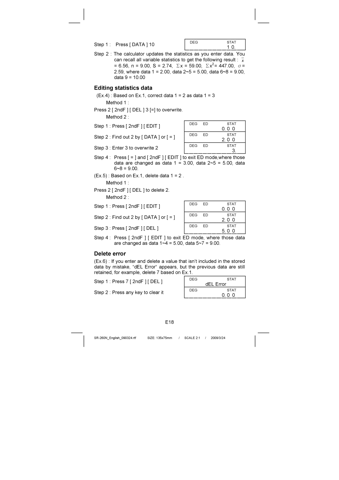 Citizen Systems SR-260N manual Editing statistics data, Delete error 