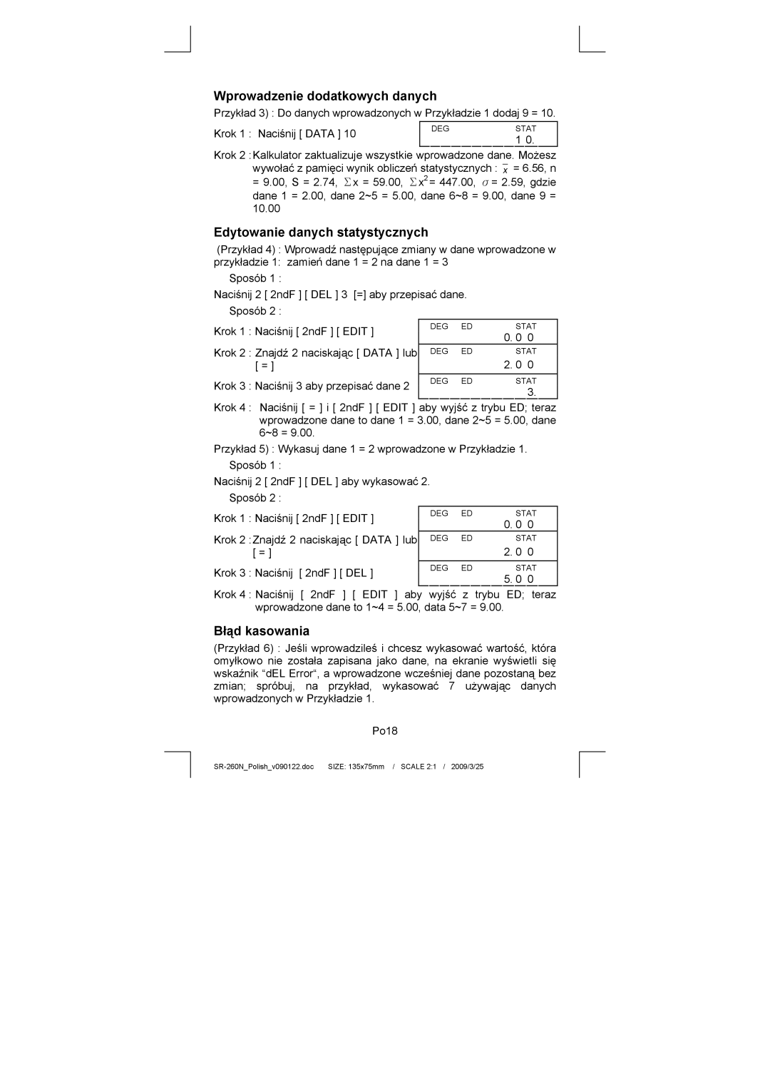 Citizen Systems SR-260N manual Wprowadzenie dodatkowych danych, Edytowanie danych statystycznych, Błąd kasowania 