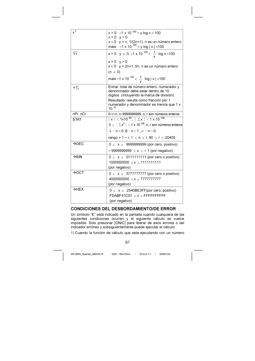 Citizen Systems SR-260N manual Condiciones DEL DESBORDAMIENTO/DE Error 