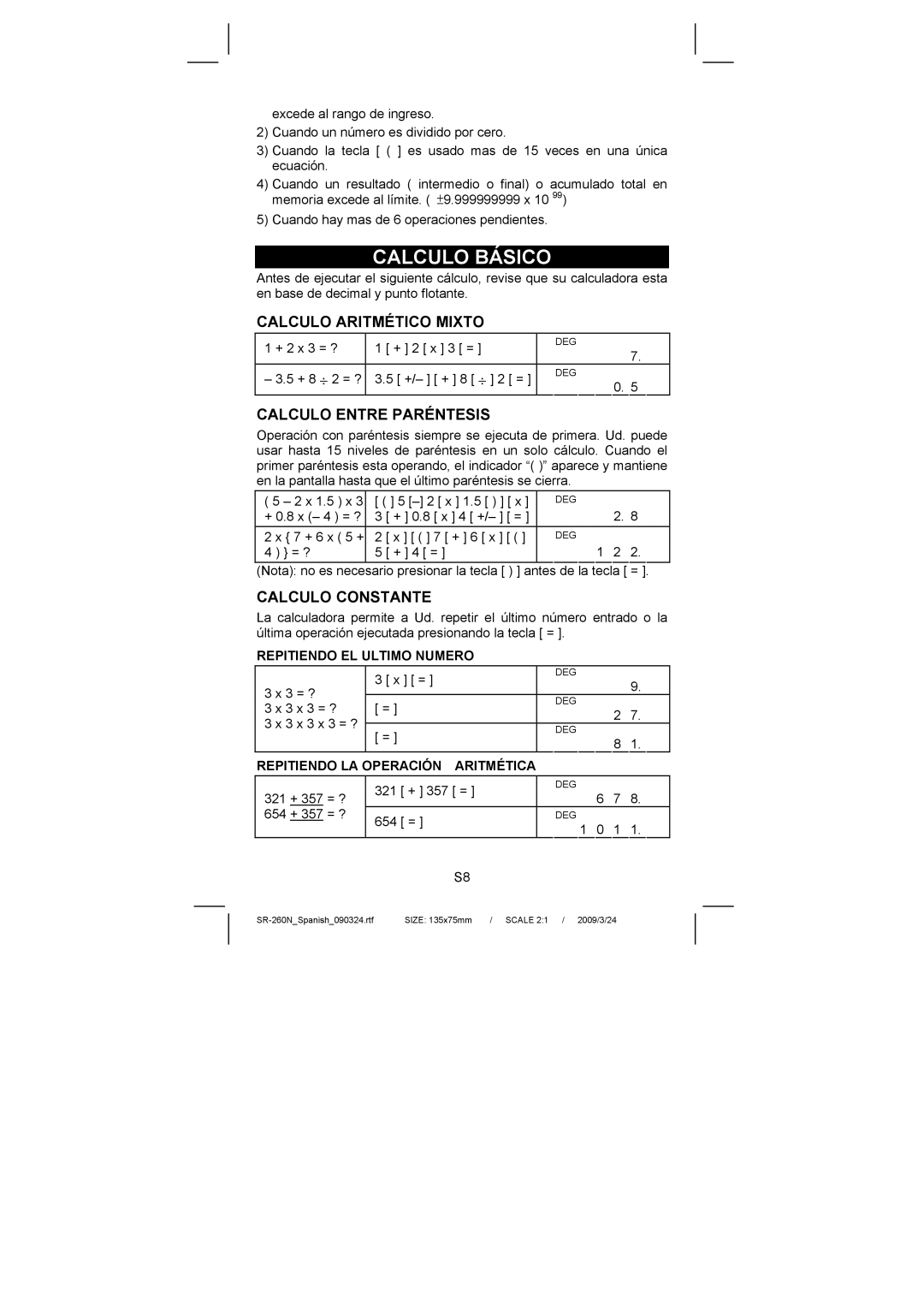 Citizen Systems SR-260N manual Calculo Aritmético Mixto, Calculo Entre Paréntesis, Calculo Constante 