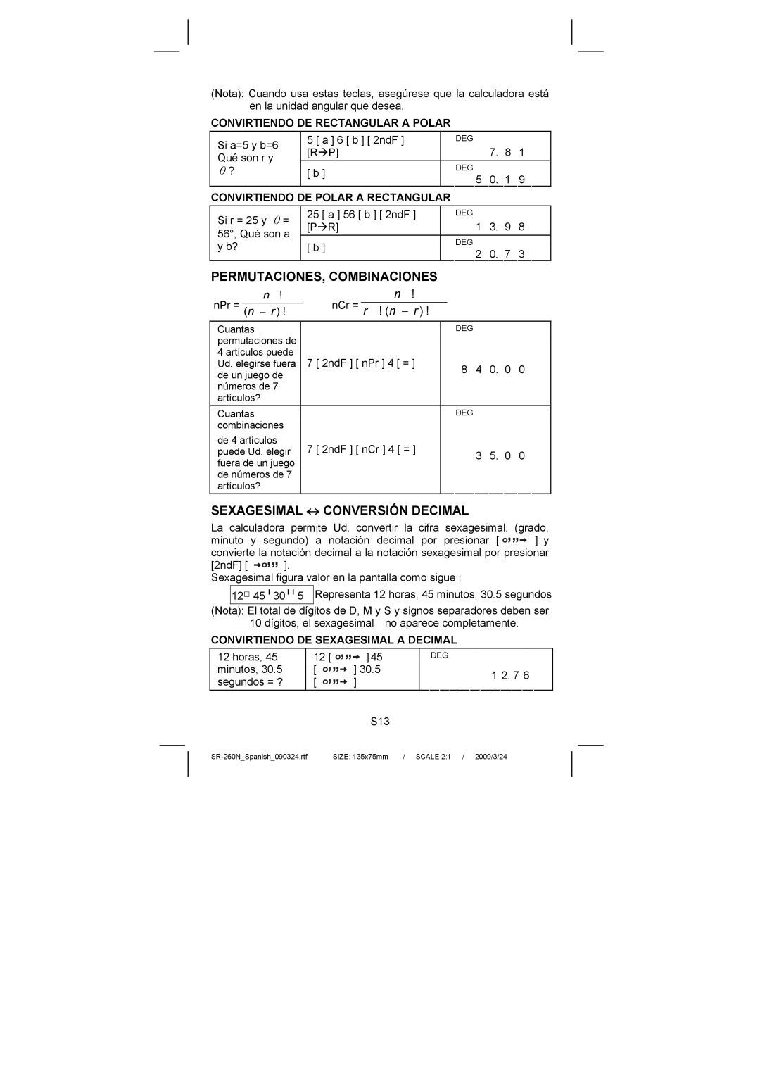 Citizen Systems SR-260N manual PERMUTACIONES, Combinaciones, Sexagesimal ↔ Conversión Decimal 