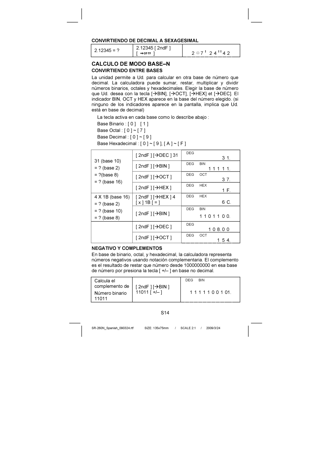 Citizen Systems SR-260N manual Calculo DE Modo BASE-N, Convirtiendo Entre Bases 