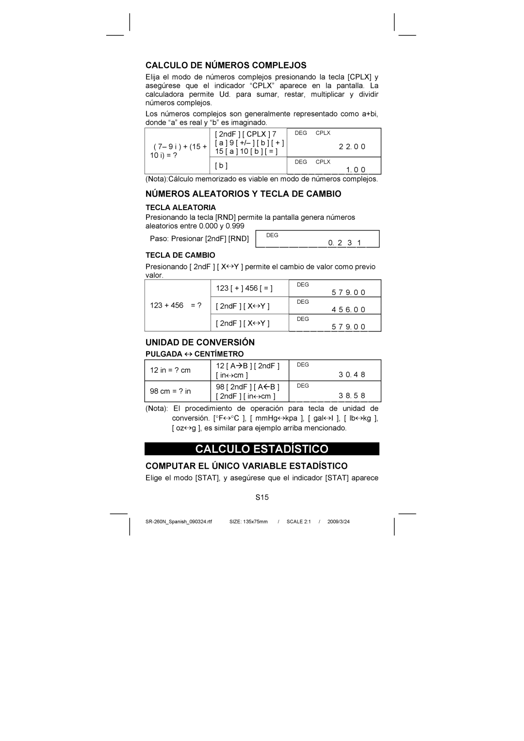 Citizen Systems SR-260N manual Calculo DE Números Complejos, Números Aleatorios Y Tecla DE Cambio, Unidad DE Conversión 