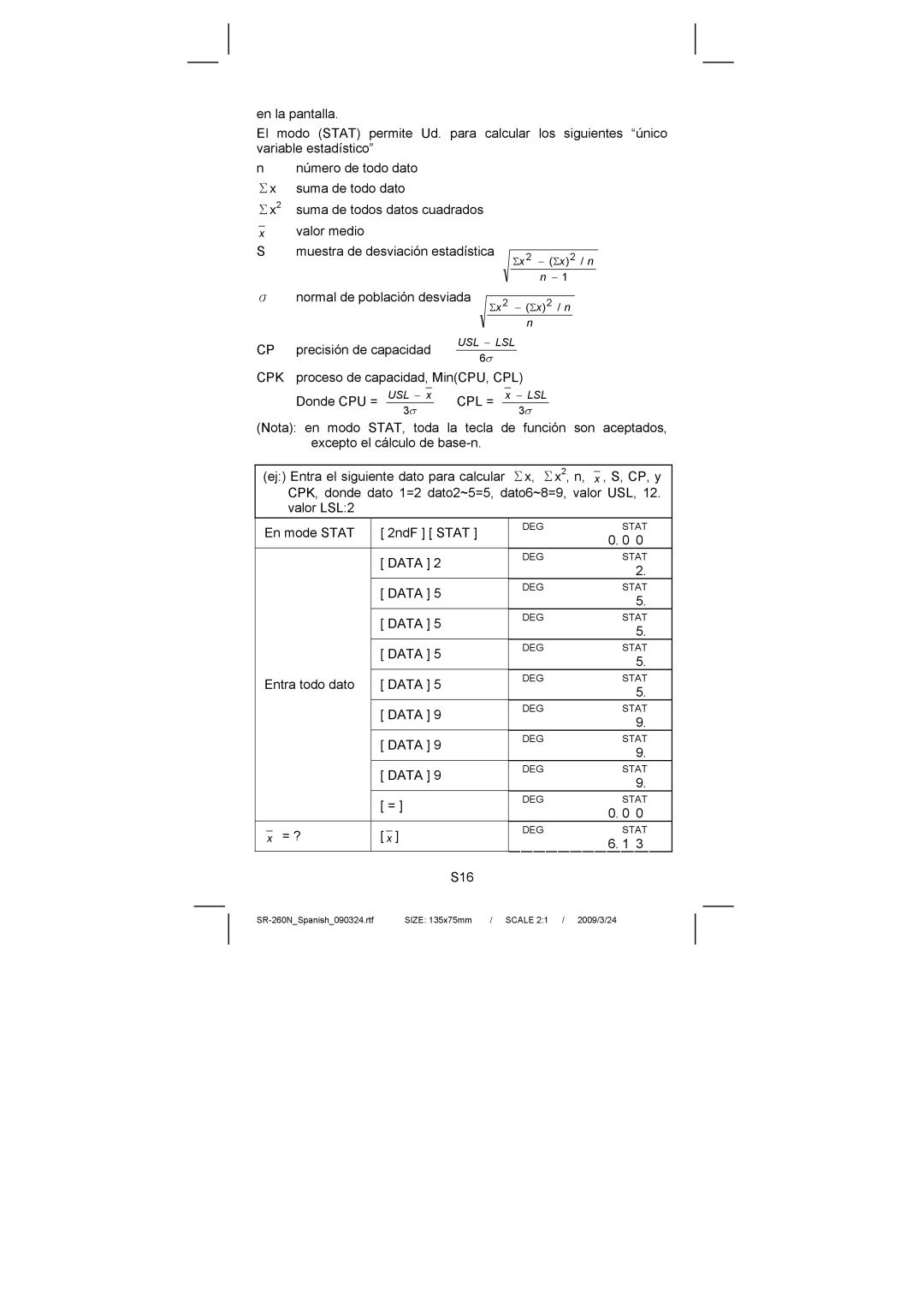 Citizen Systems SR-260N manual Muestra de desviación estadística 