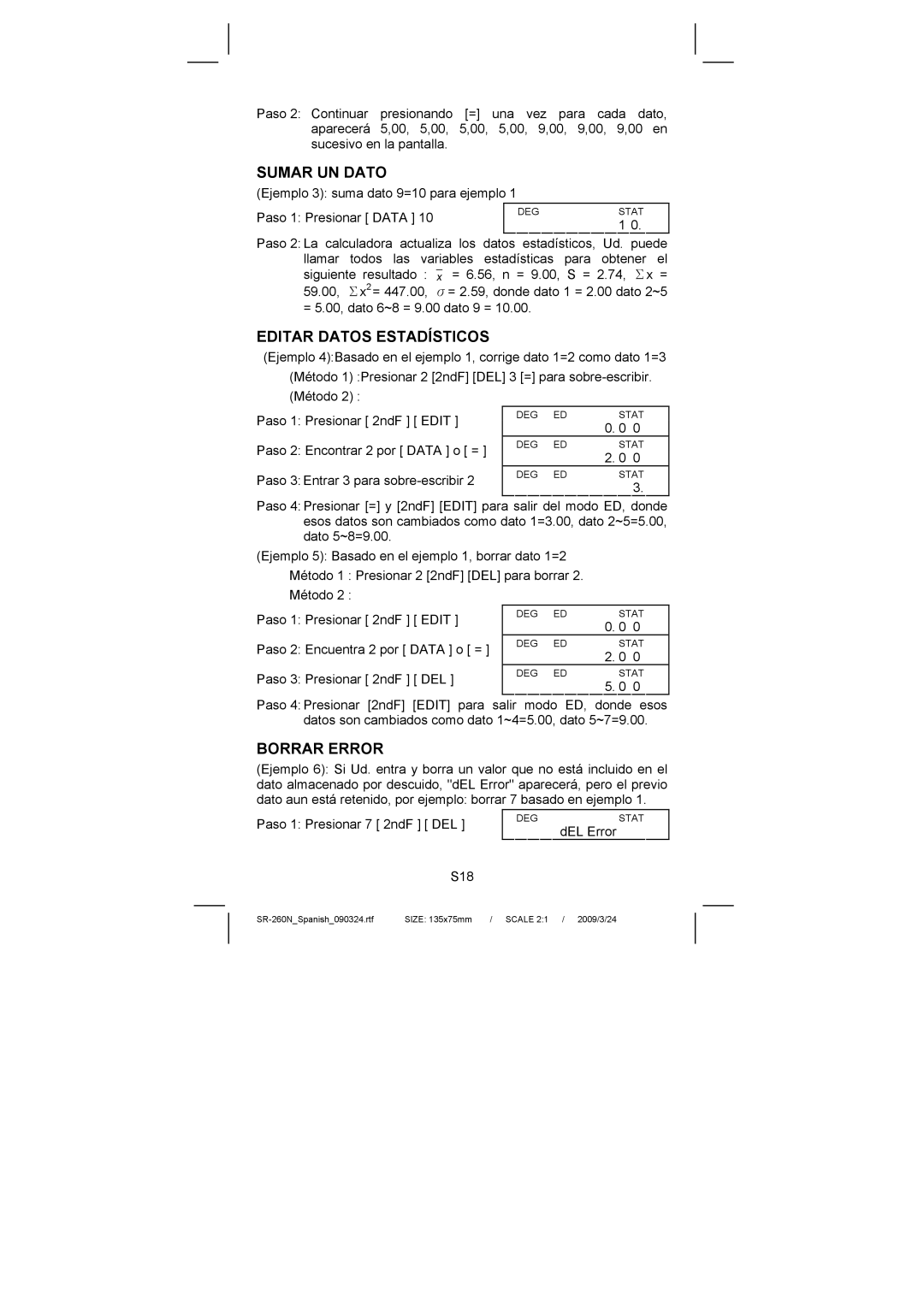 Citizen Systems SR-260N manual Editar Datos Estadísticos, Borrar Error 