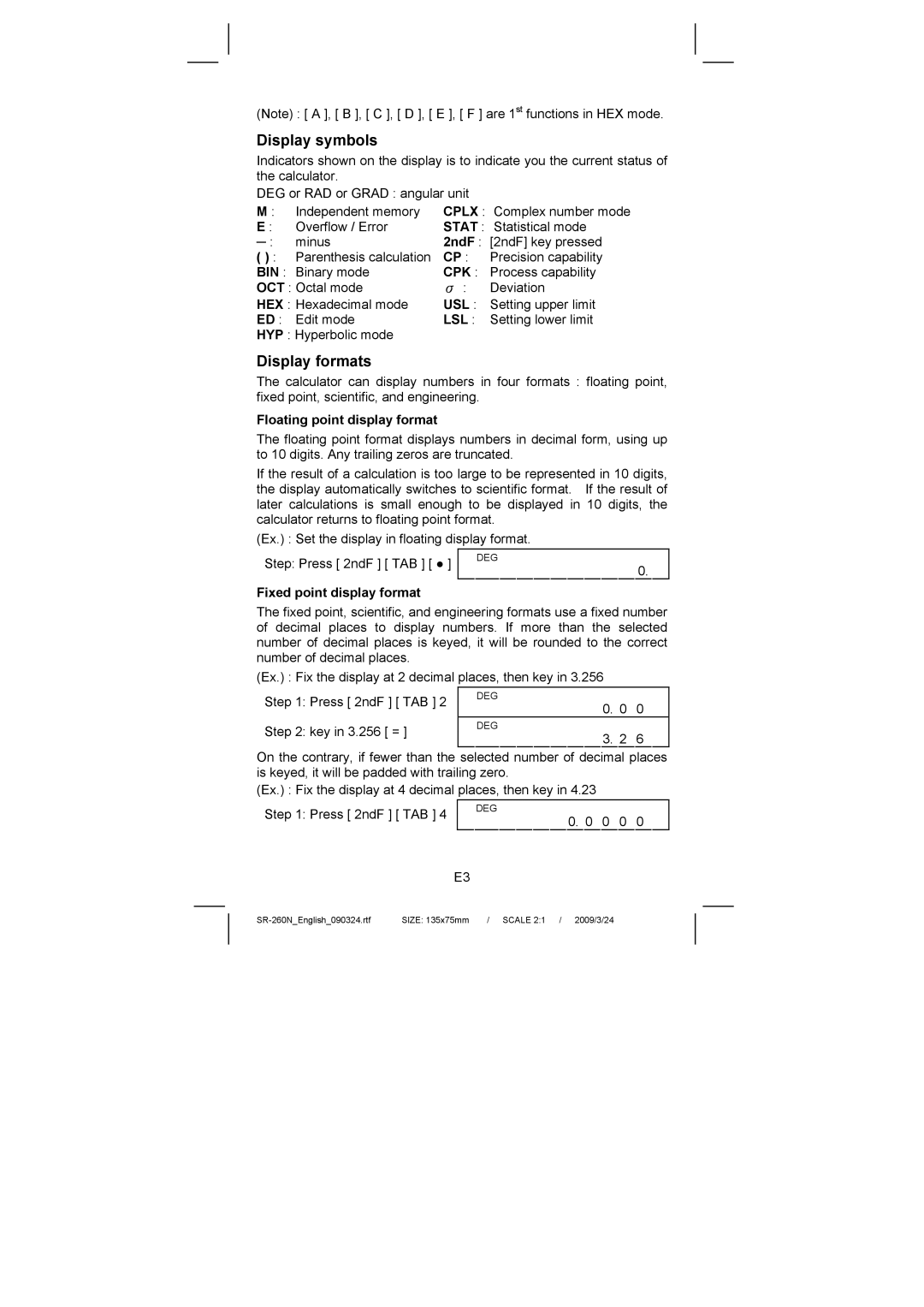 Citizen Systems SR-260N Display symbols, Display formats, 2ndF, Floating point display format, Fixed point display format 