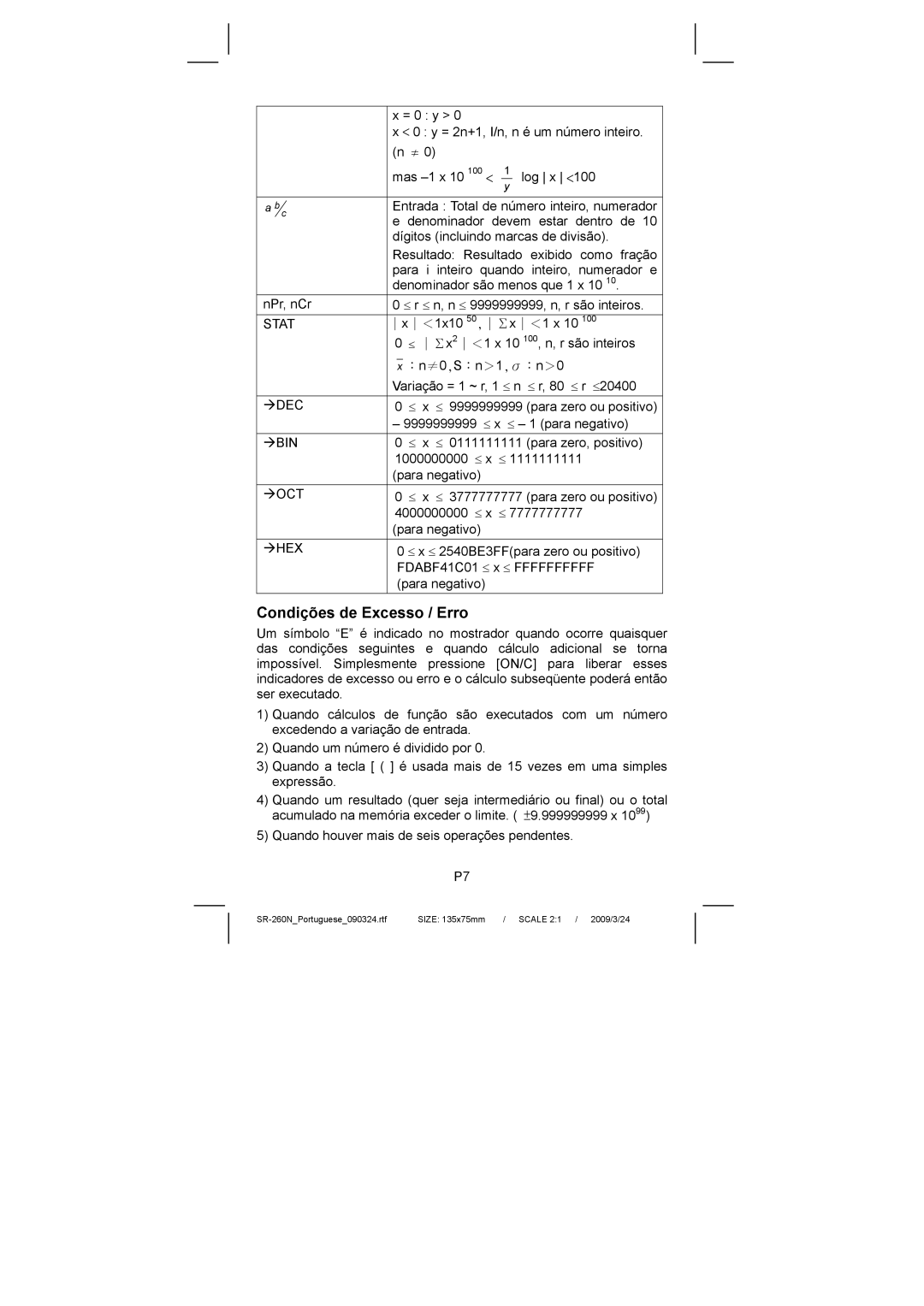 Citizen Systems SR-260N manual Condições de Excesso / Erro 