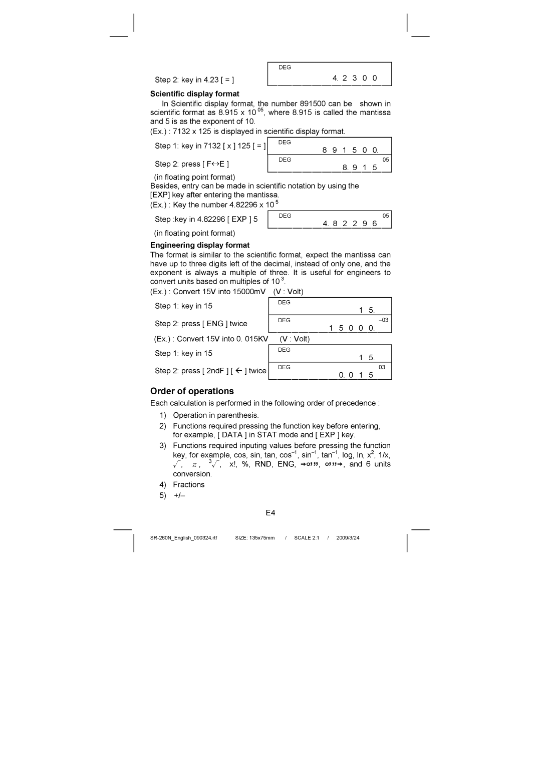 Citizen Systems SR-260N manual Order of operations, Scientific display format, Engineering display format 