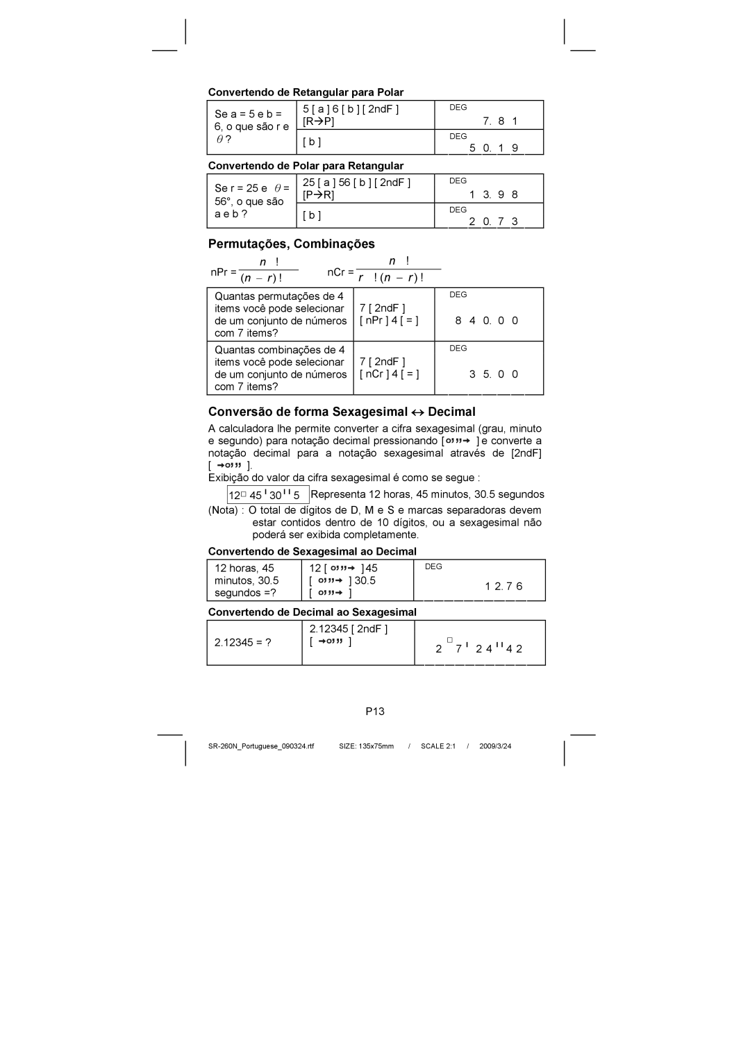 Citizen Systems SR-260N manual Permutações, Combinações, Conversão de forma Sexagesimal ↔ Decimal 