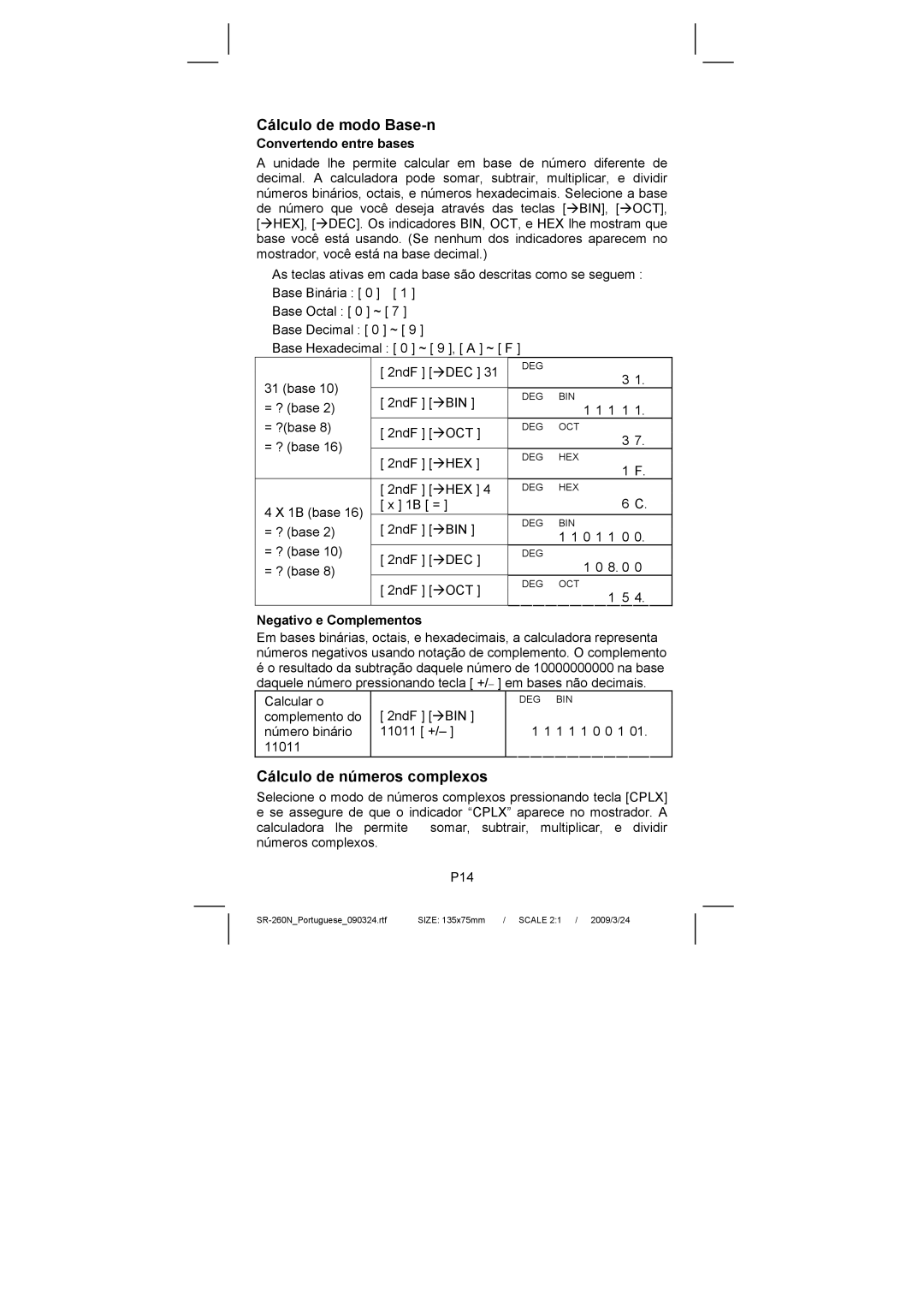 Citizen Systems SR-260N manual Cálculo de modo Base-n, Cálculo de números complexos, Convertendo entre bases 