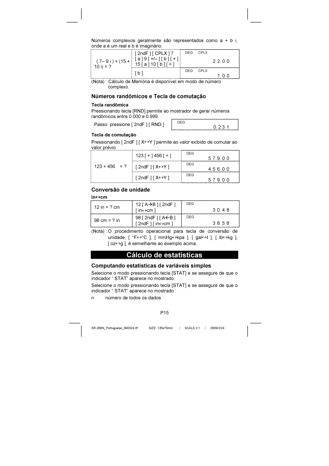 Citizen Systems SR-260N manual Cálculo de estatísticas, Números randômicos e Tecla de comutação, Conversão de unidade 