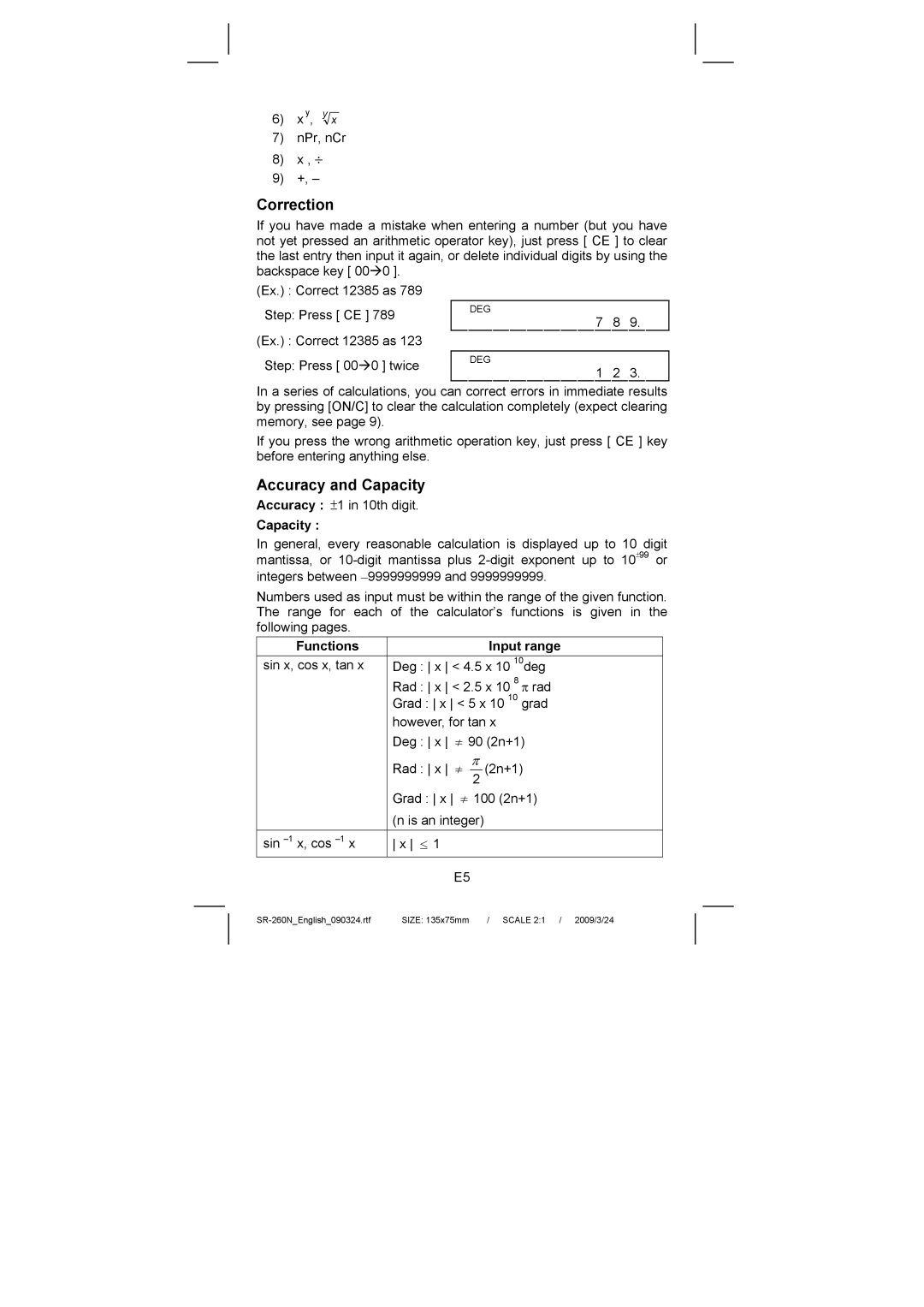 Citizen Systems SR-260N manual Correction, Accuracy and Capacity, Functions Input range 