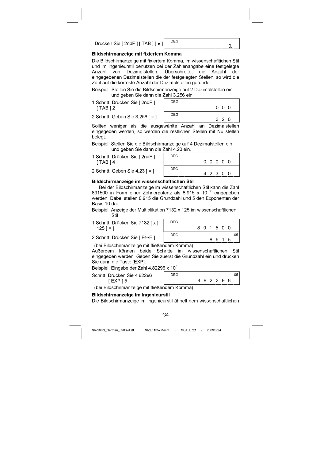 Citizen Systems SR-260N manual Bildschirmanzeige mit fixiertem Komma, Bildschirmanzeige im wissenschaftlichen Stil 