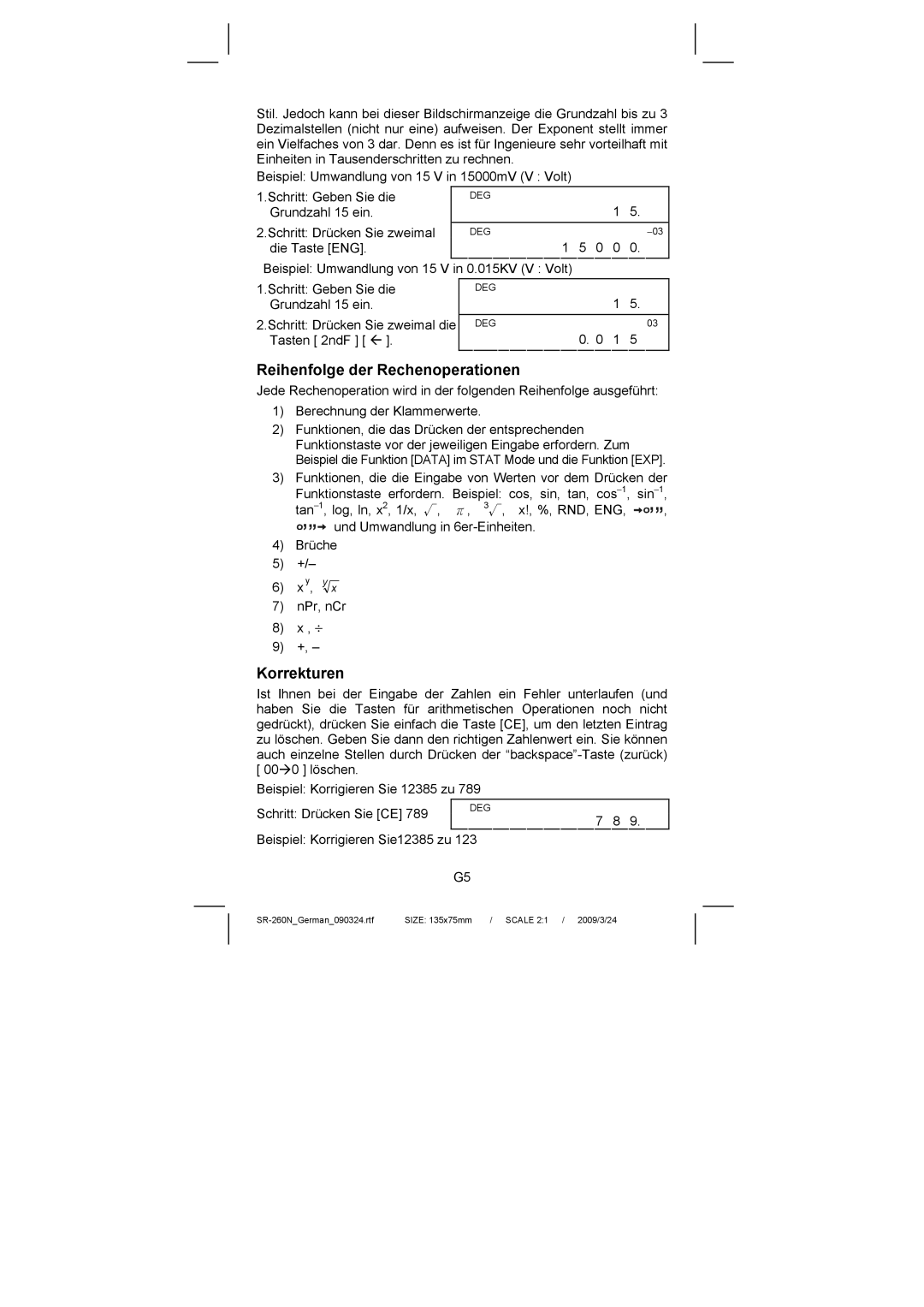 Citizen Systems SR-260N manual Reihenfolge der Rechenoperationen, Korrekturen 