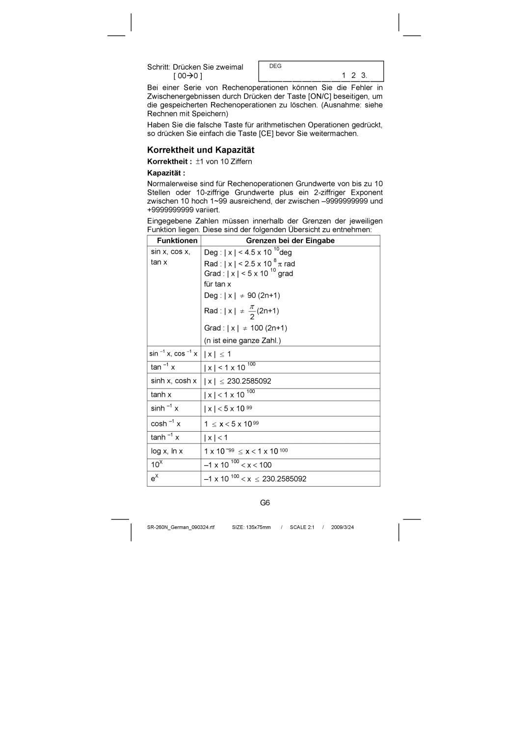 Citizen Systems SR-260N manual Korrektheit und Kapazität, Funktionen Grenzen bei der Eingabe 