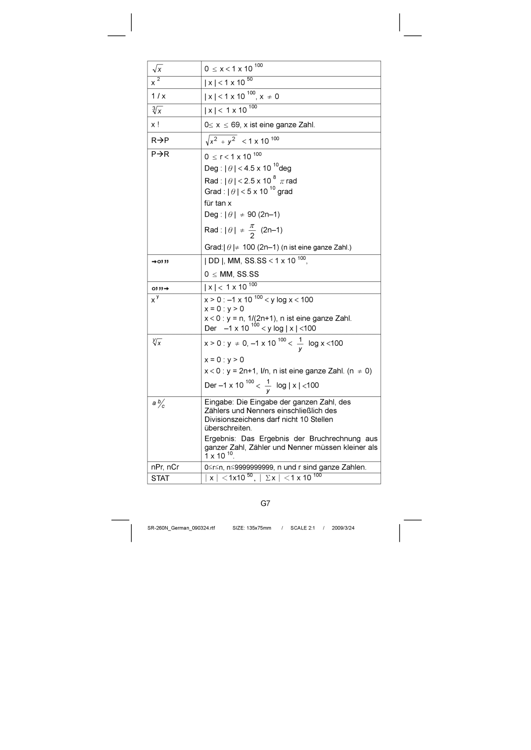 Citizen Systems SR-260N manual ≤ x 1 x 10 10 100, x ≠ ≤ x ≤ 69, x ist eine ganze Zahl 