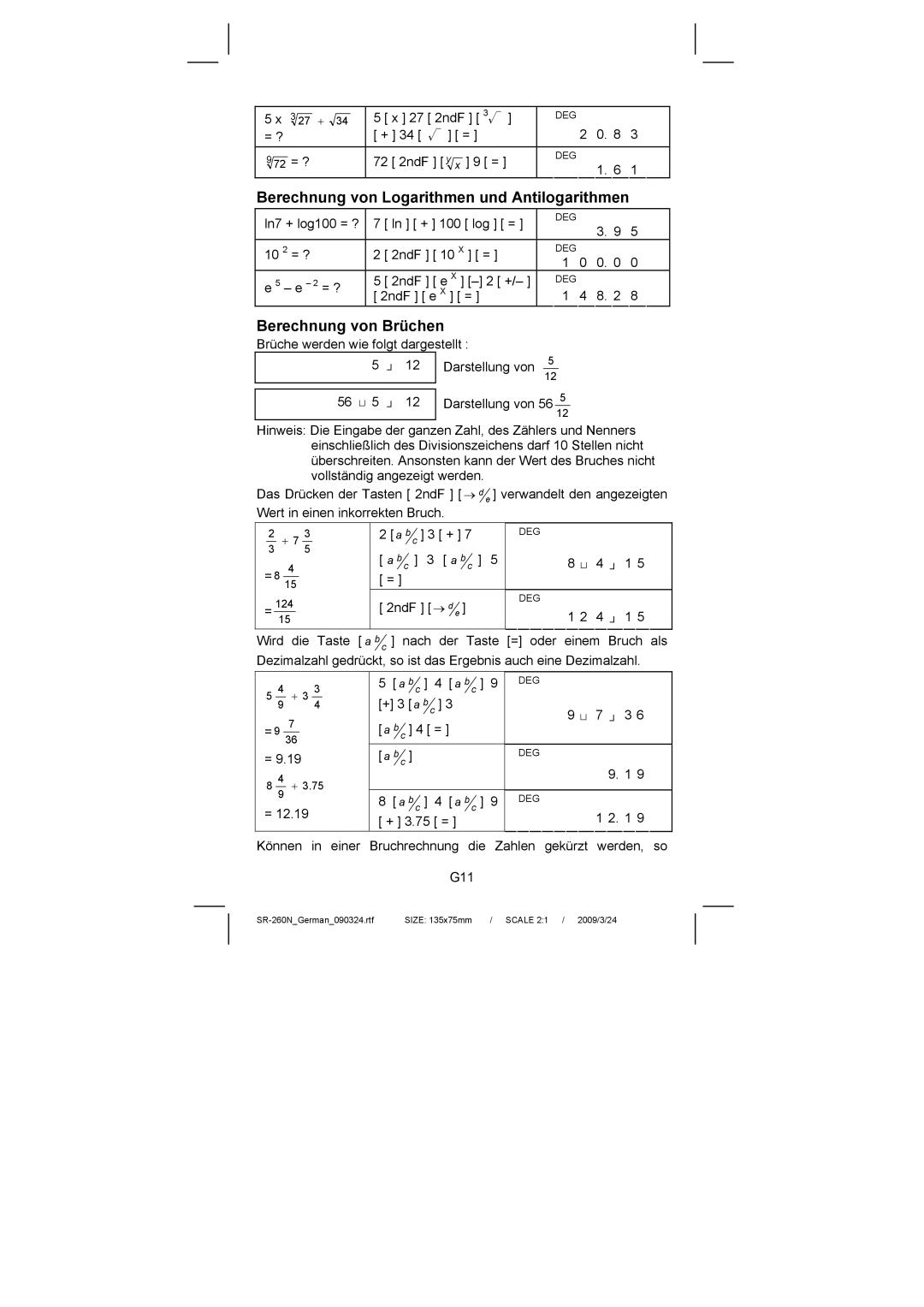 Citizen Systems SR-260N manual Berechnung von Logarithmen und Antilogarithmen, Berechnung von Brüchen 