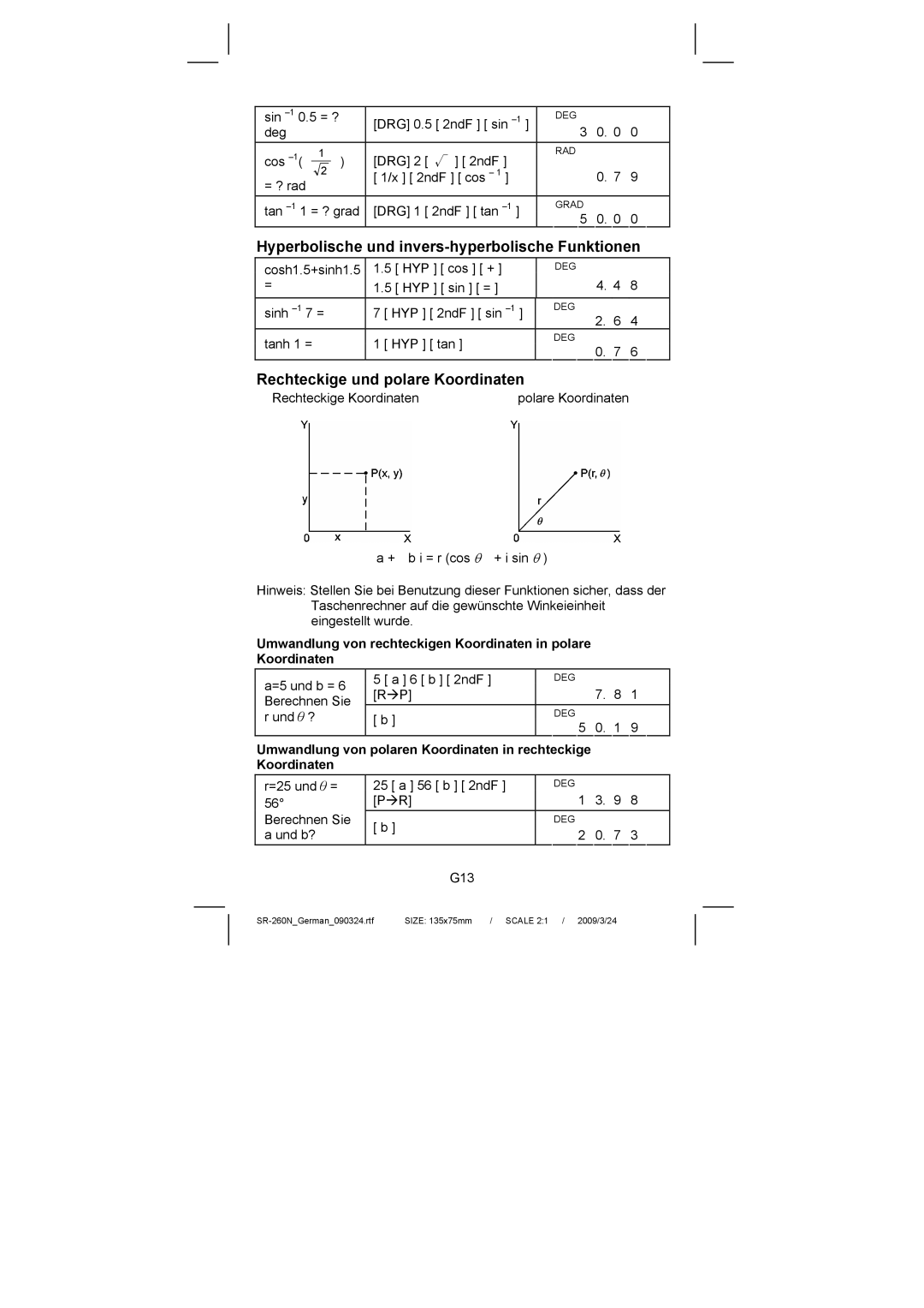 Citizen Systems SR-260N manual Hyperbolische und invers-hyperbolische Funktionen, Rechteckige und polare Koordinaten 