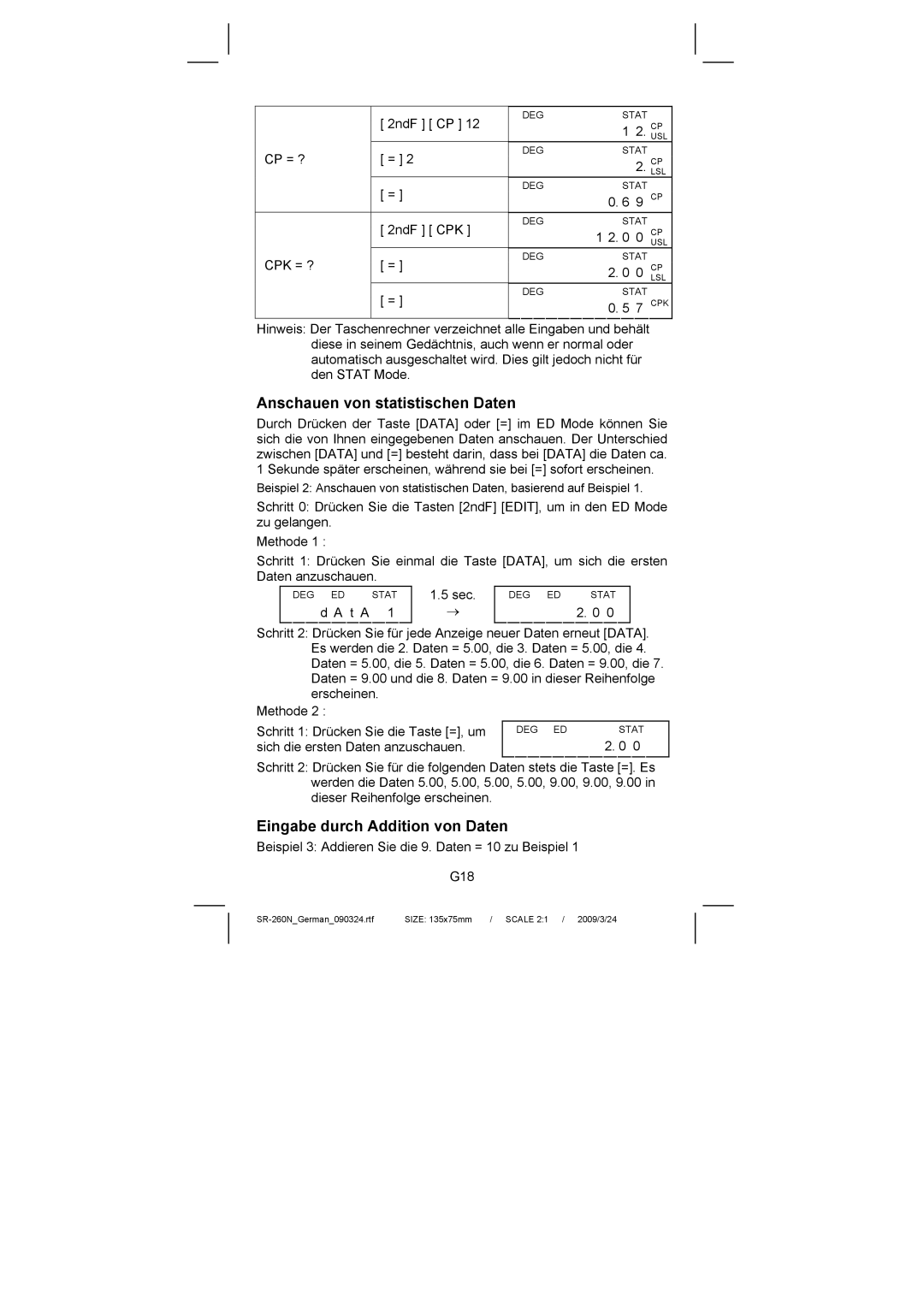 Citizen Systems SR-260N manual Anschauen von statistischen Daten, Eingabe durch Addition von Daten 