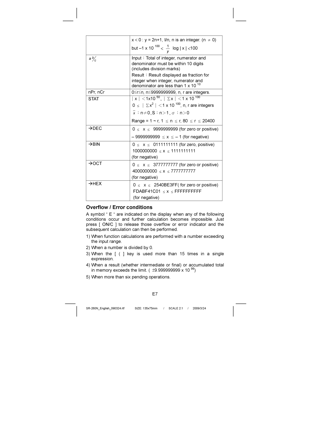 Citizen Systems SR-260N manual Overflow / Error conditions, Stat 