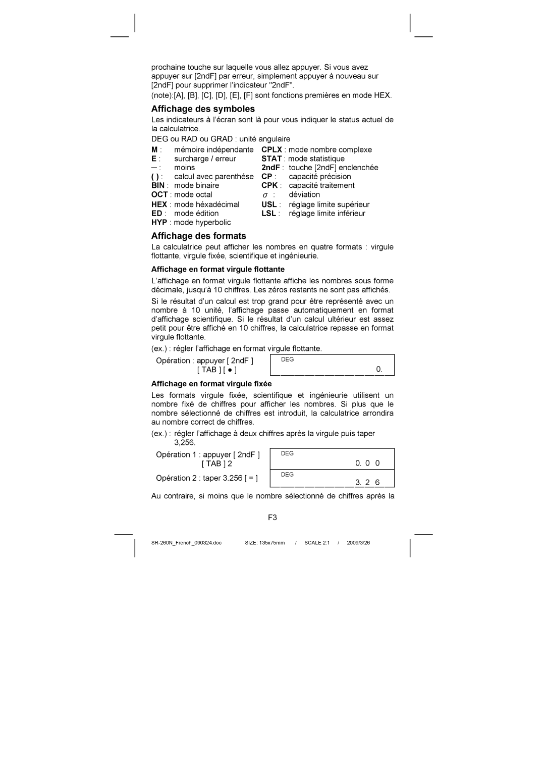 Citizen Systems SR-260N manual Affichage des symboles, Affichage des formats, Affichage en format virgule flottante 