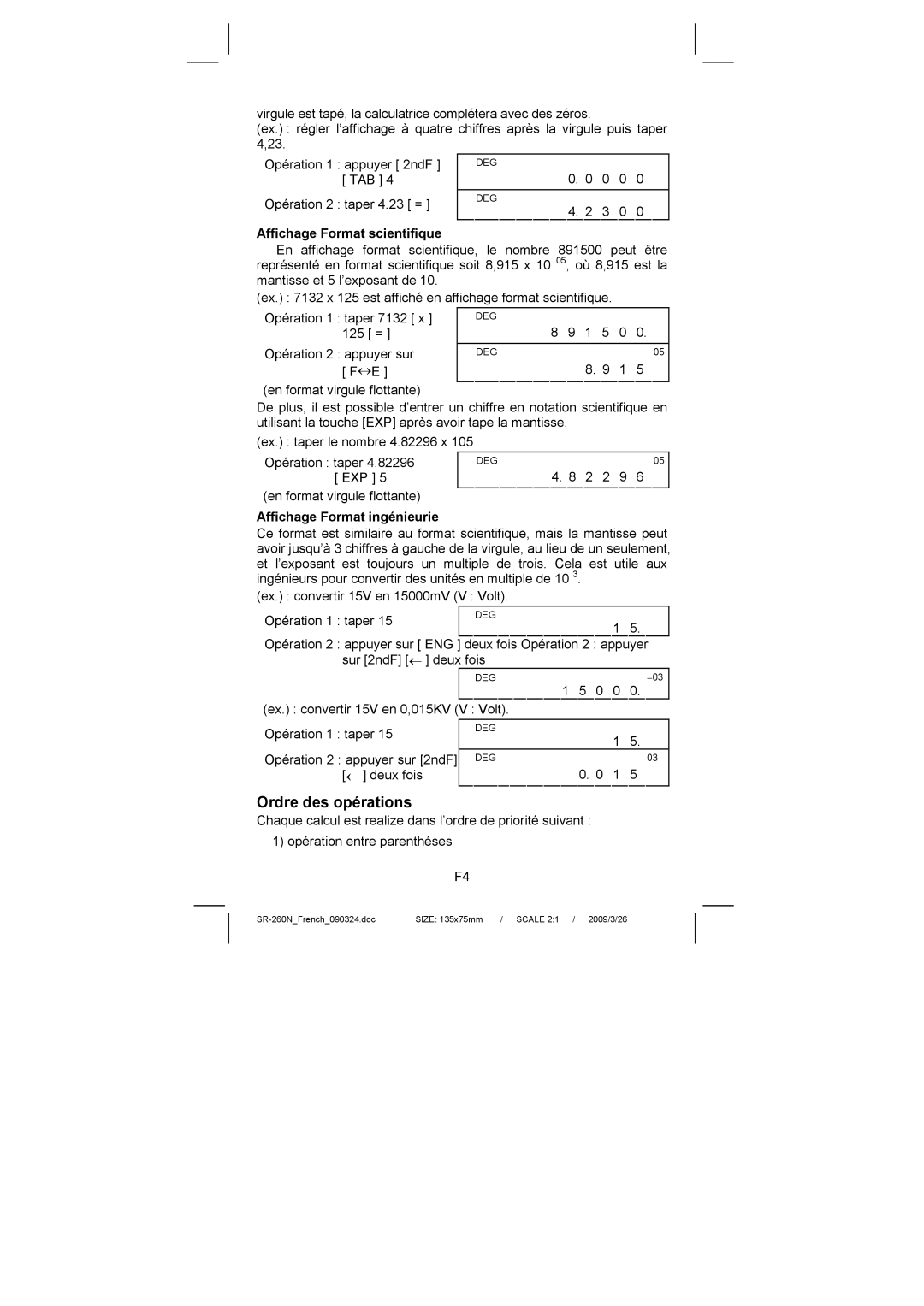 Citizen Systems SR-260N manual Ordre des opérations, Affichage Format scientifique, Affichage Format ingénieurie 