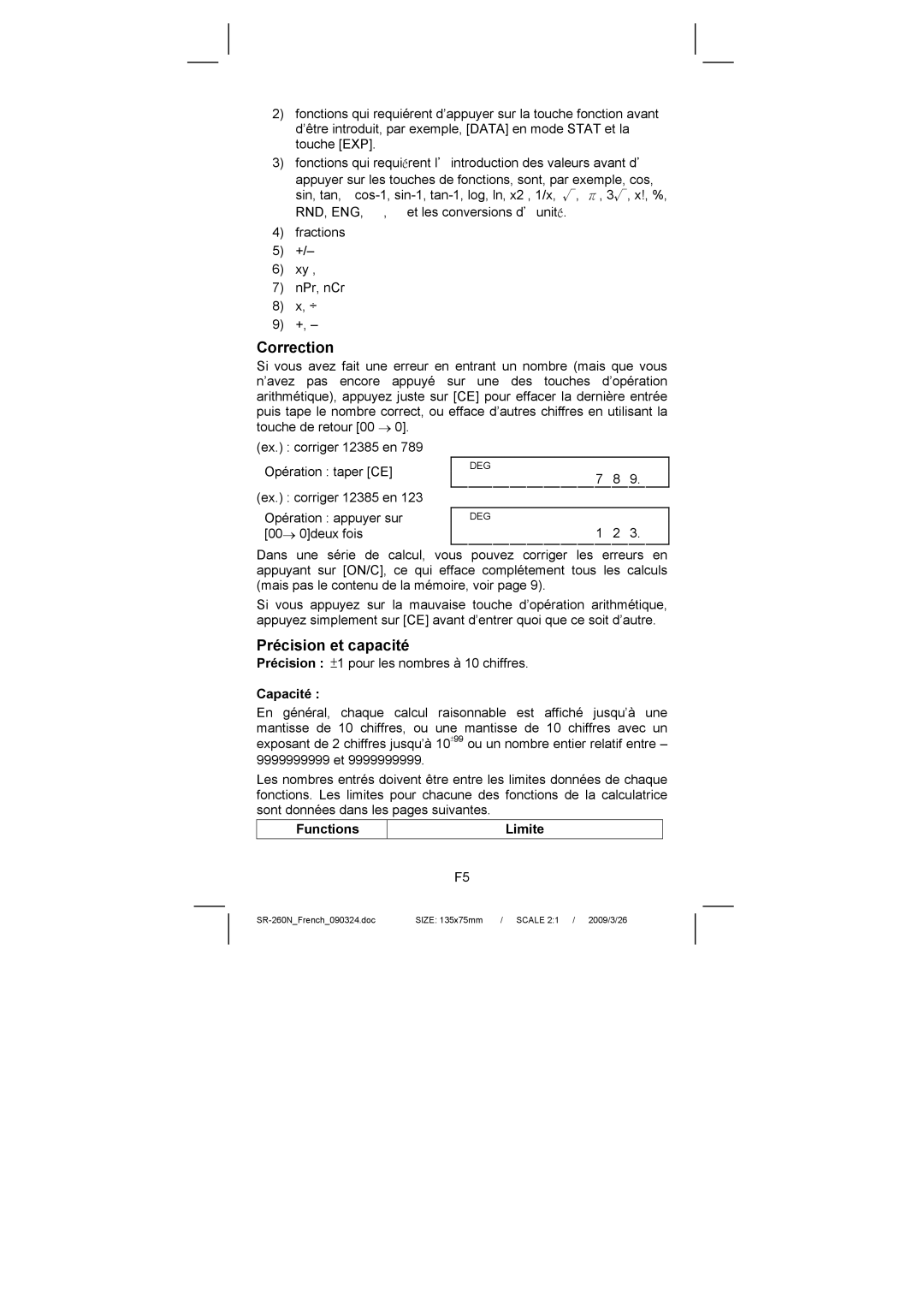 Citizen Systems SR-260N manual Précision et capacité, Capacité, Functions Limite 