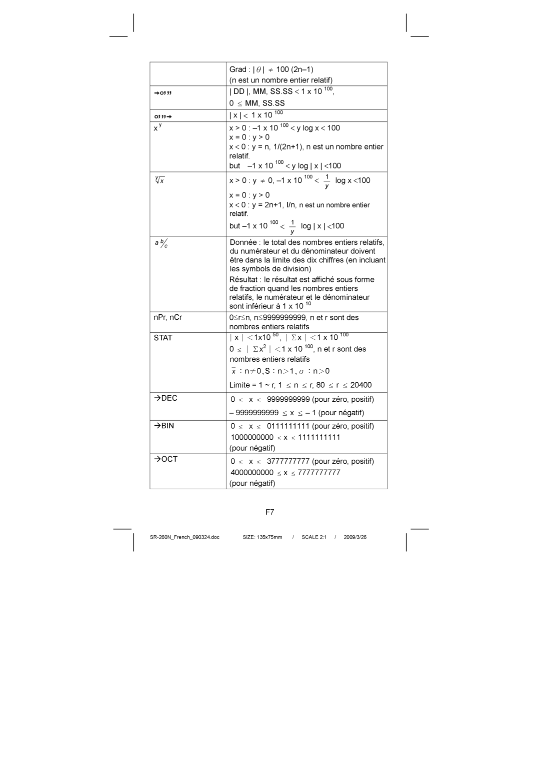 Citizen Systems SR-260N manual Pour zéro, positif 9999999999 ≤ x ≤ Pour négatif 