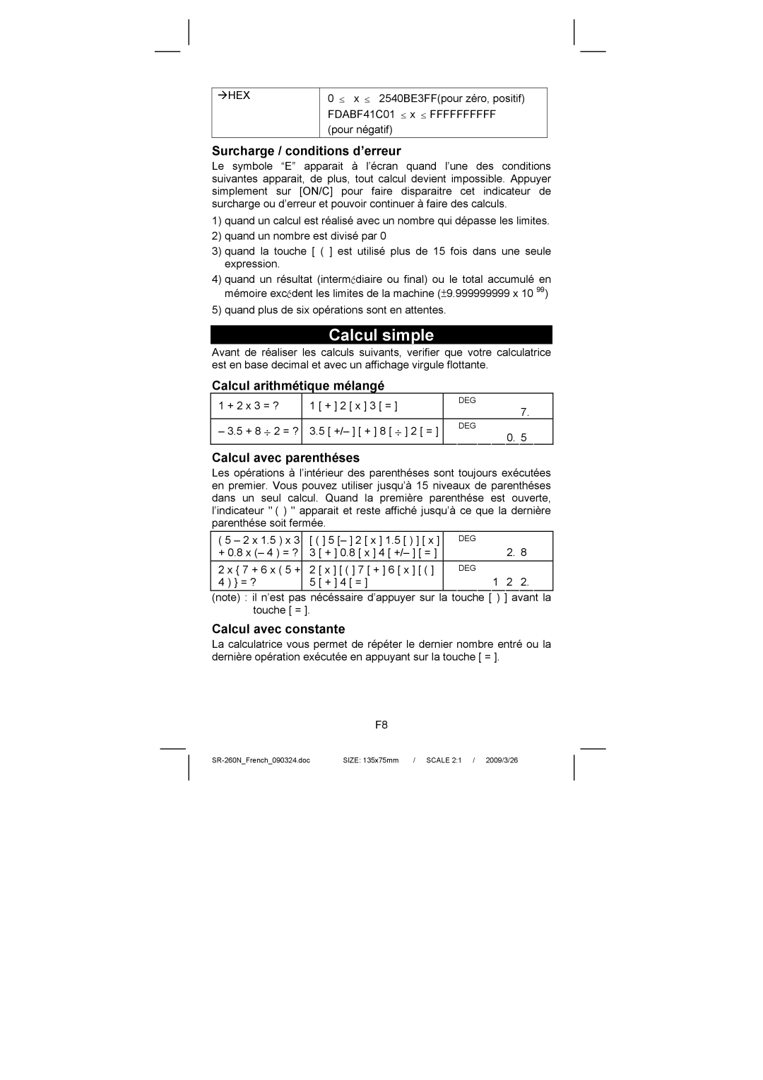 Citizen Systems SR-260N Calcul simple, Surcharge / conditions d’erreur, Calcul arithmétique mélangé, Calcul avec constante 