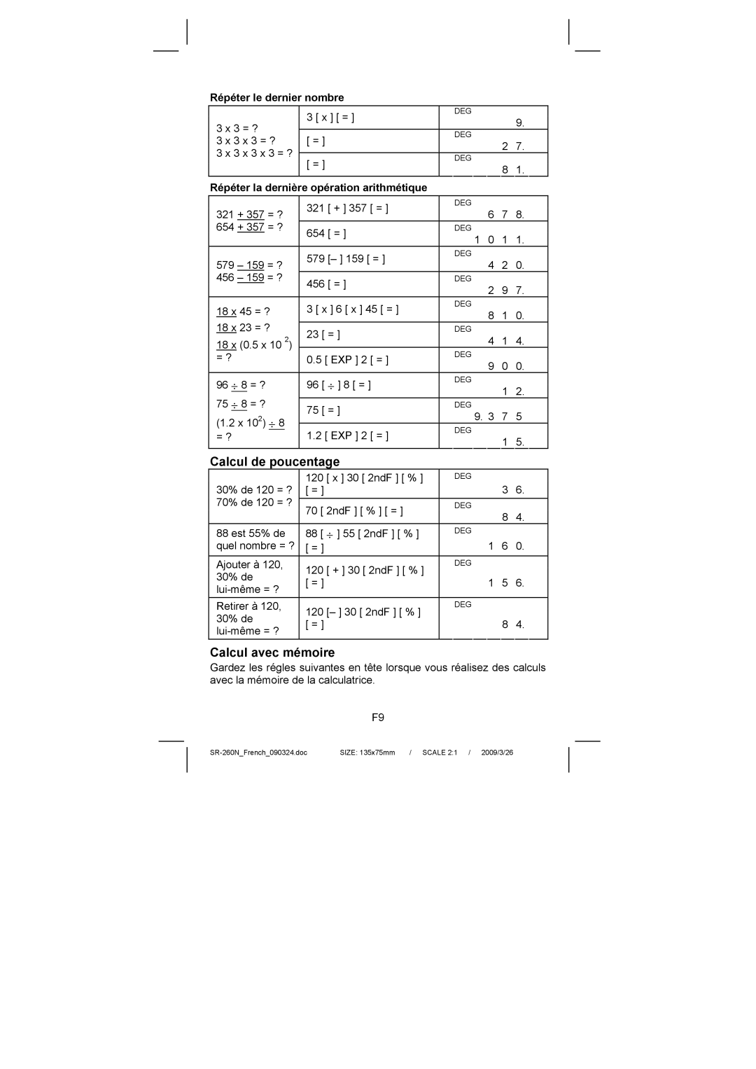 Citizen Systems SR-260N manual Calcul de poucentage, Calcul avec mémoire, Répéter le dernier nombre 