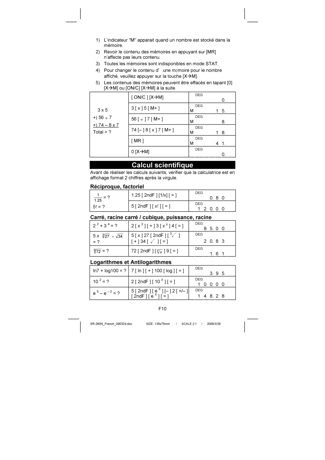 Citizen Systems SR-260N manual Calcul scientifique, Réciproque, factoriel, Carré, racine carré / cubique, puissance, racine 