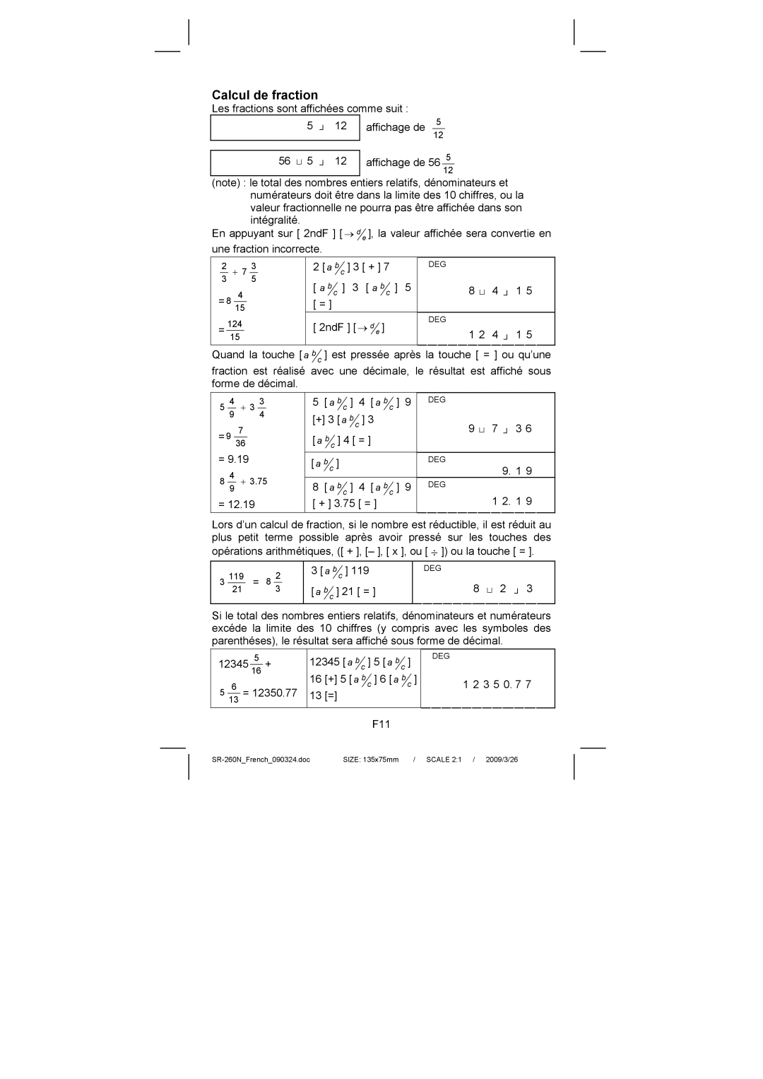 Citizen Systems SR-260N manual Calcul de fraction 