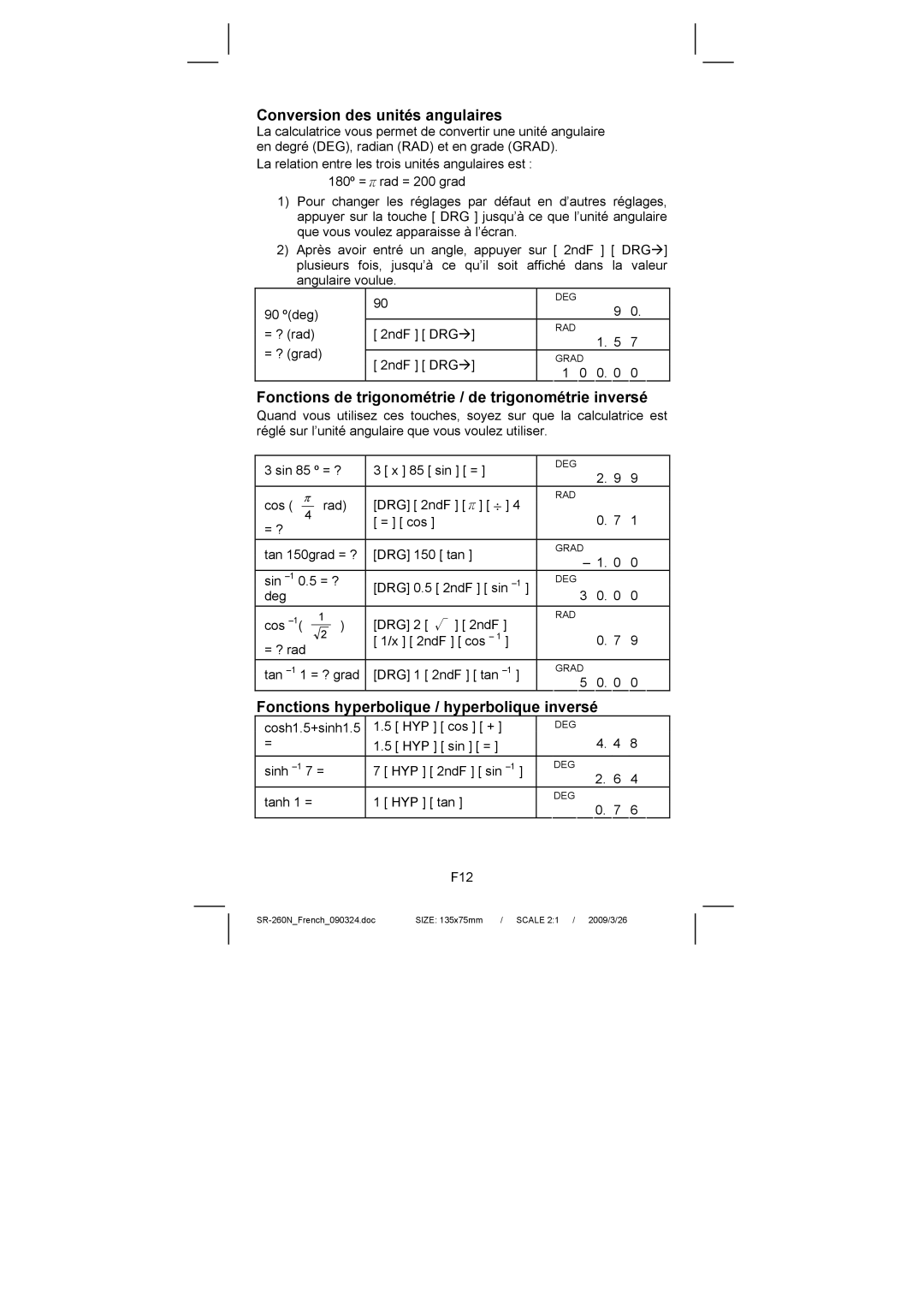 Citizen Systems SR-260N manual Conversion des unités angulaires, Fonctions de trigonométrie / de trigonométrie inversé 