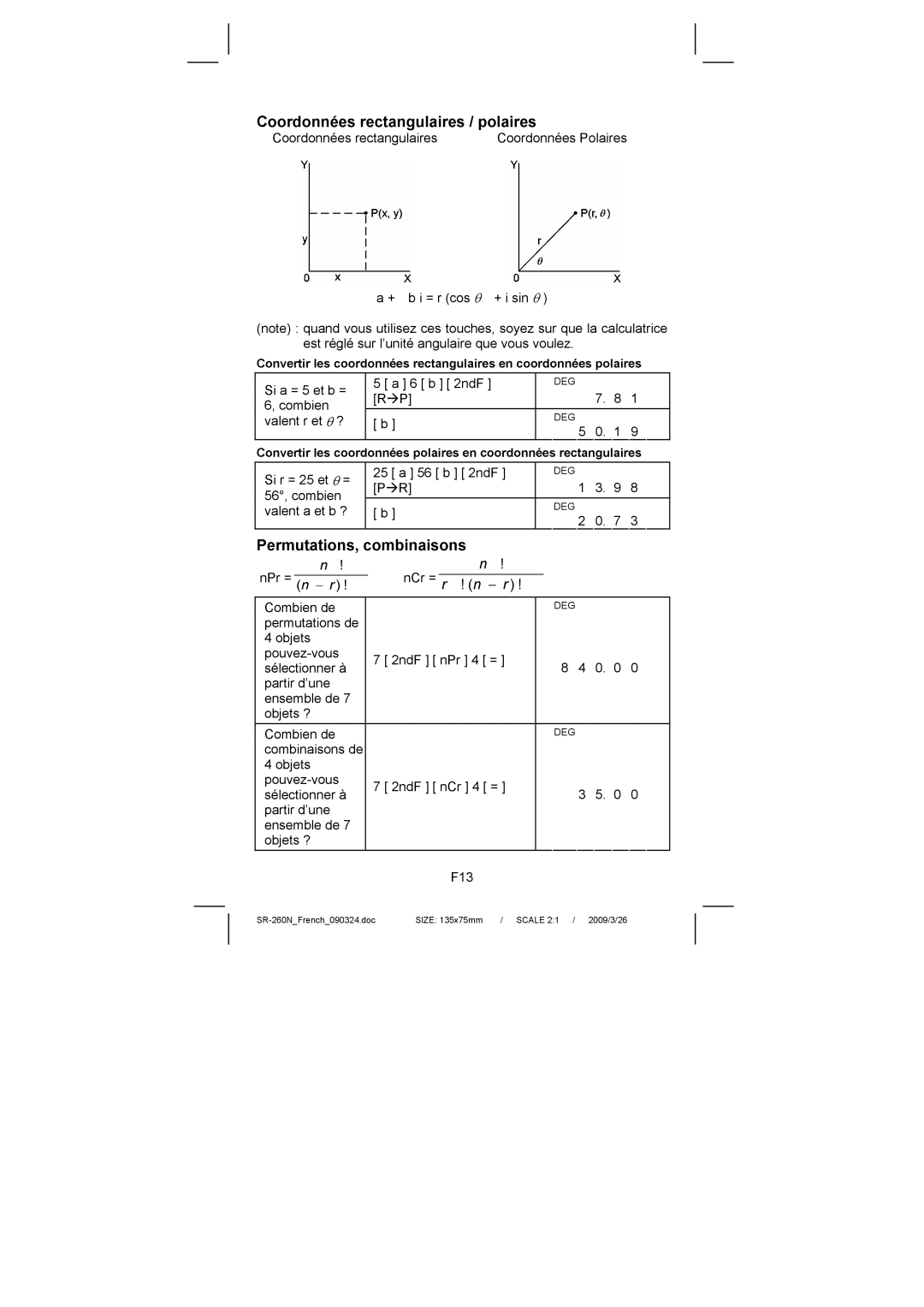 Citizen Systems SR-260N manual Coordonnées rectangulaires / polaires, Permutations, combinaisons 