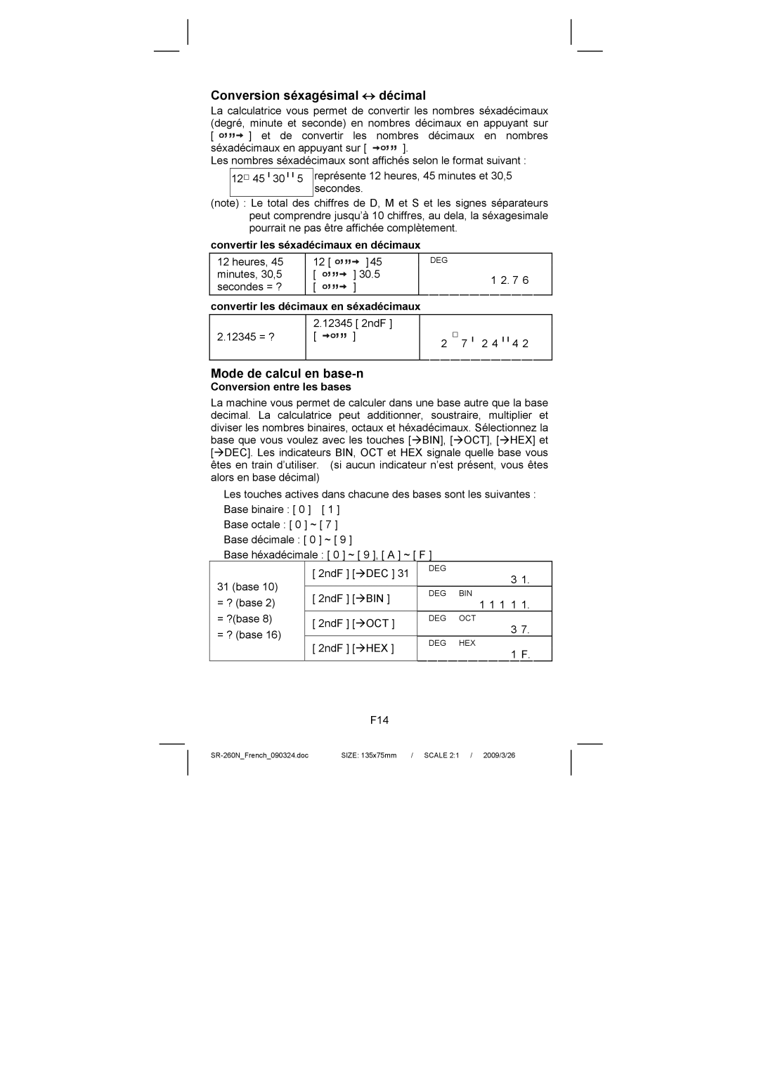 Citizen Systems SR-260N Conversion séxagésimal ↔ décimal, Mode de calcul en base-n, Convertir les séxadécimaux en décimaux 