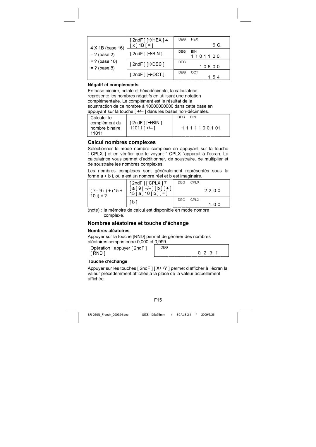 Citizen Systems SR-260N manual Calcul nombres complexes, Nombres aléatoires et touche d’échange, Négatif et complements 