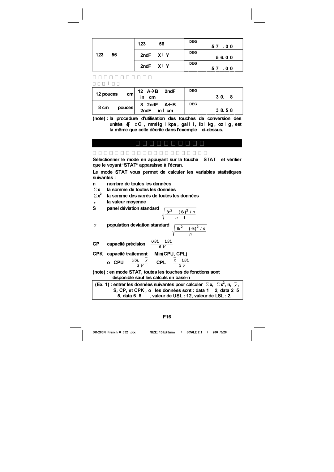 Citizen Systems SR-260N manual Conversion des unités, Calcul statistiques à une seule variable, Pouce cm 