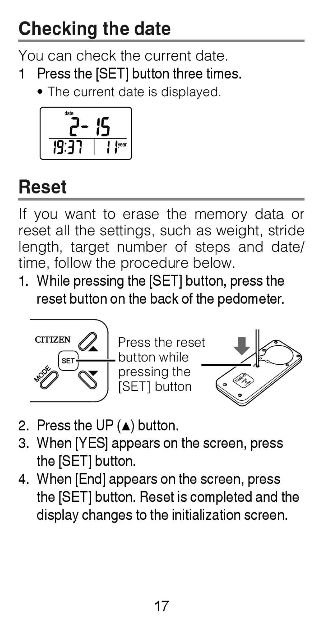 Citizen Systems TW610 instruction manual Checking the date, Reset 