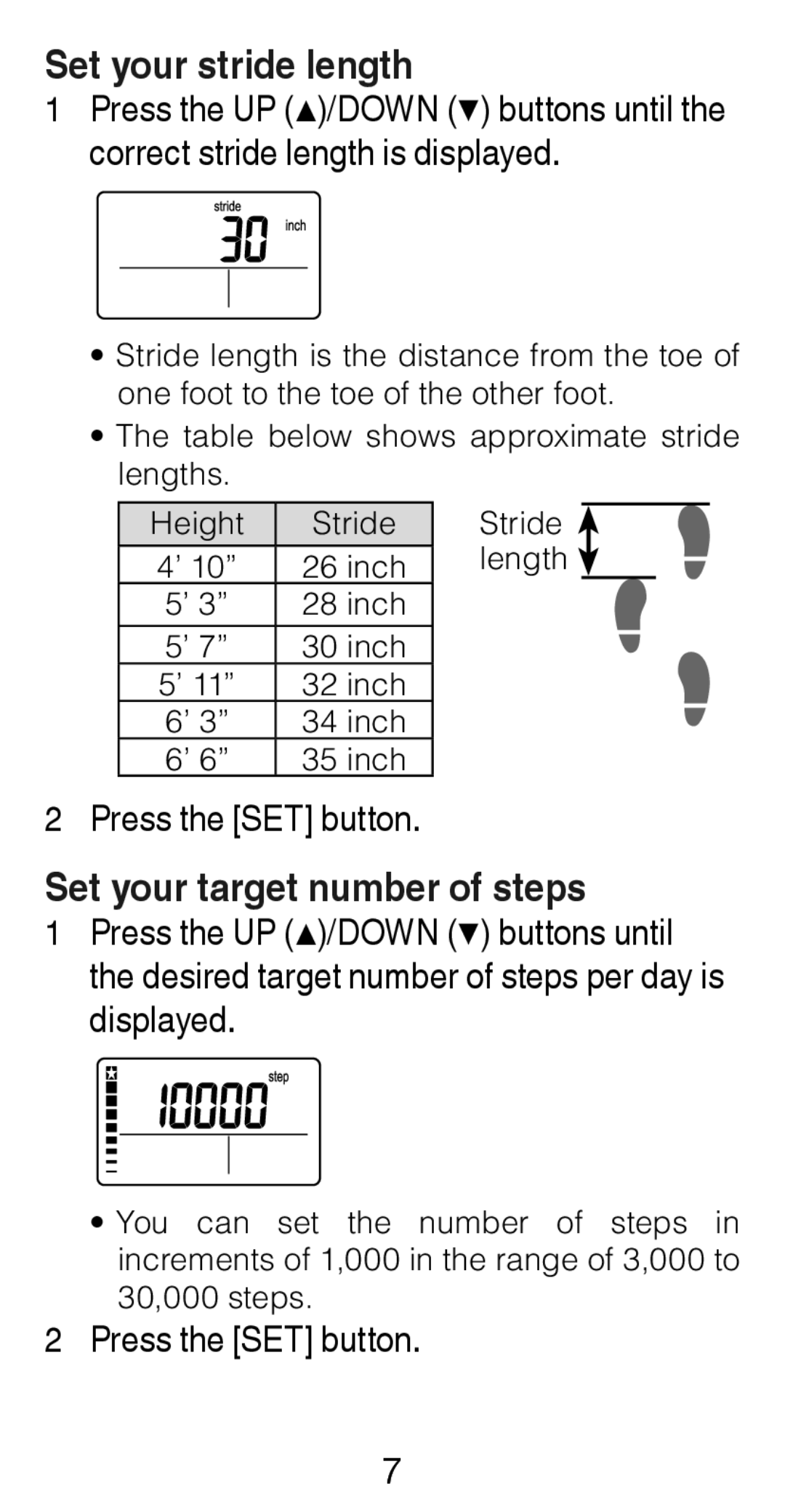 Citizen Systems TW610 instruction manual Set your stride length, Set your target number of steps 