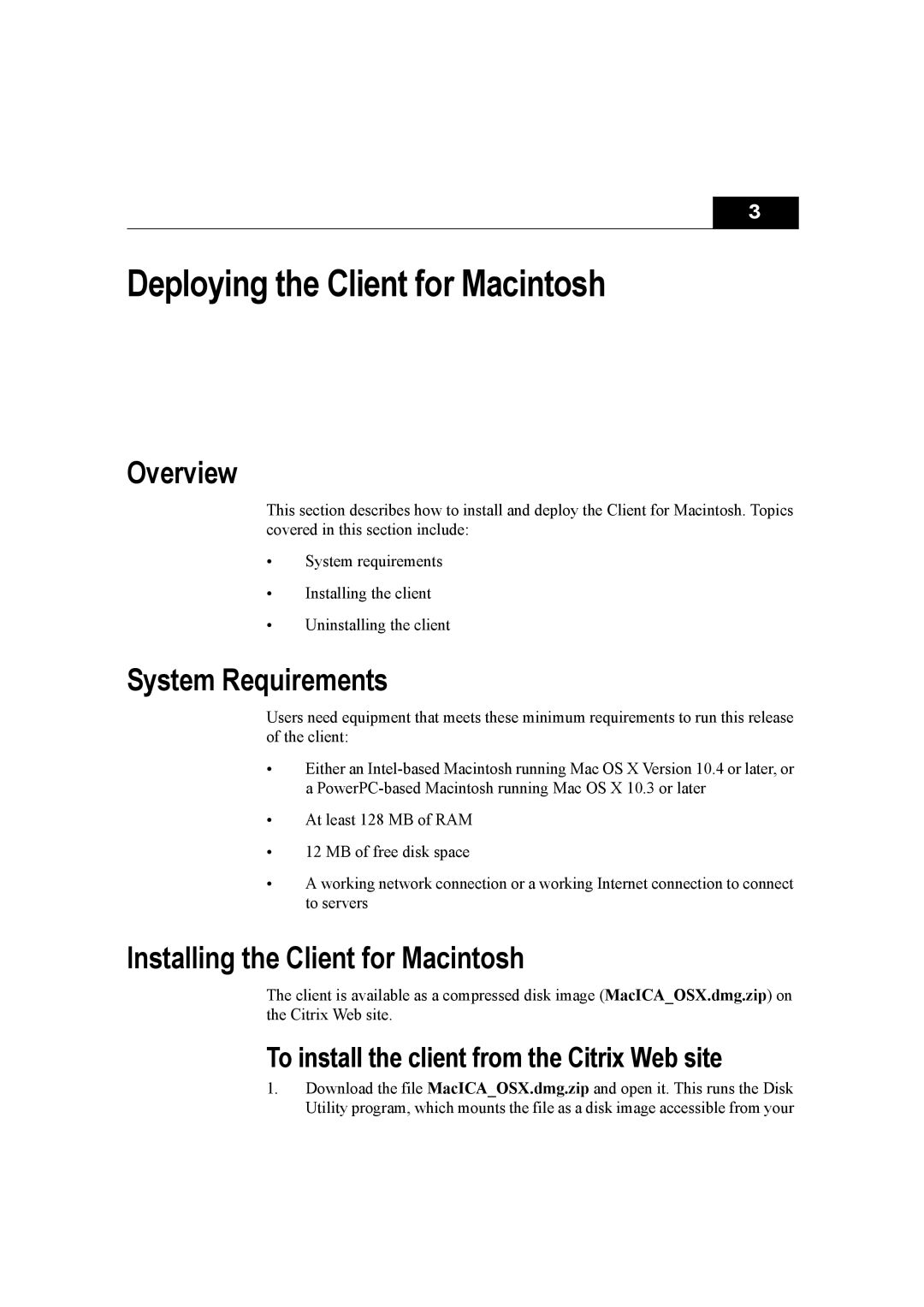 Citrix Systems 10 manual Deploying the Client for Macintosh, System Requirements, Installing the Client for Macintosh 