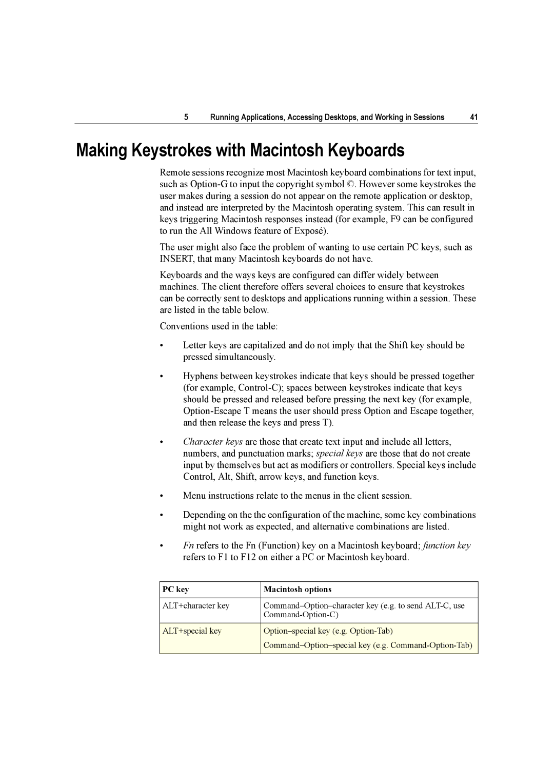 Citrix Systems 10 manual Making Keystrokes with Macintosh Keyboards, PC key Macintosh options 